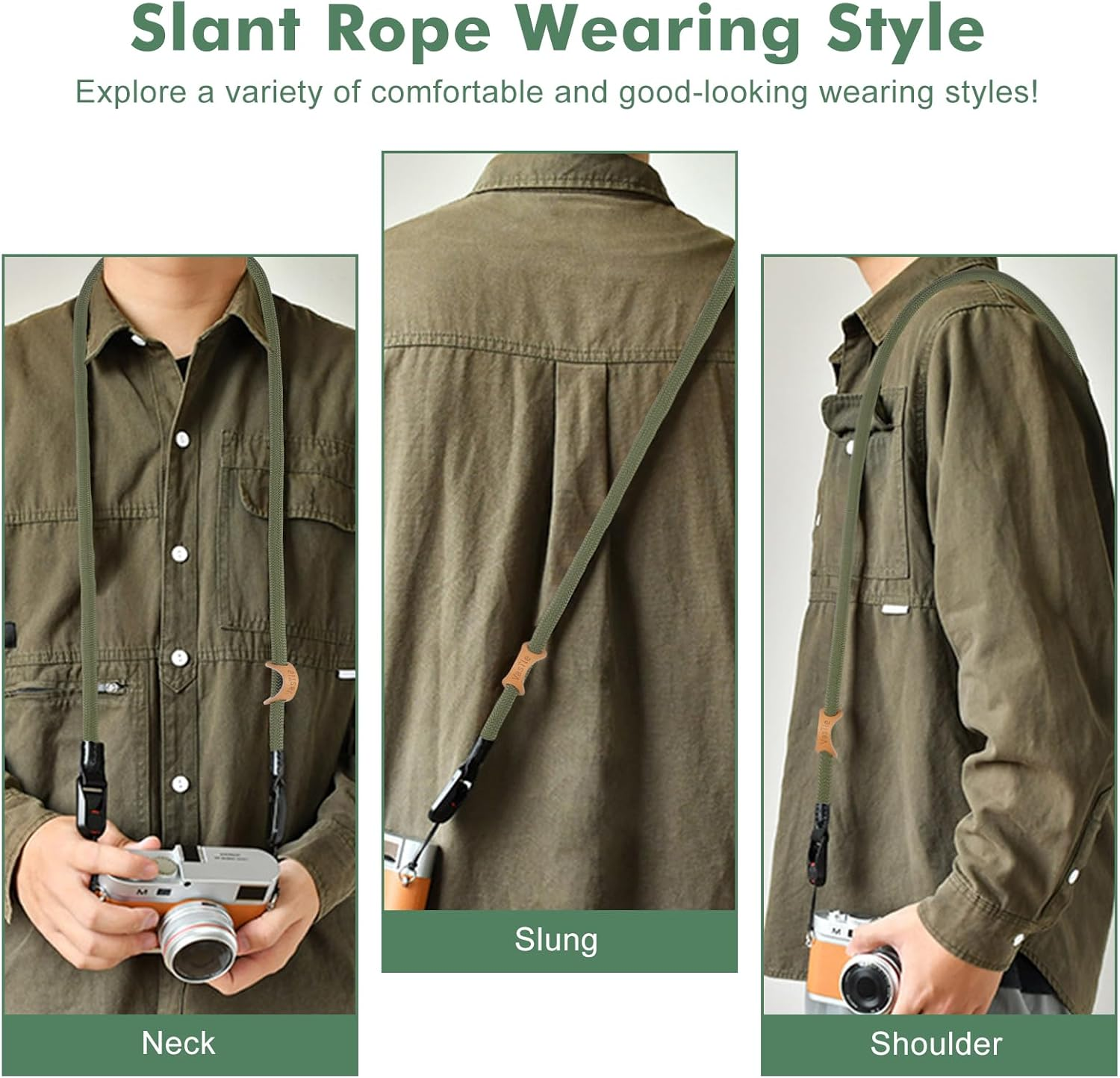 Yplonon Camera Strap with Quick Release - Climbing Rope Camera Strap, Carry Strap for Camera, Shoulder Strap & Wrist Strap for Nikon, Sony, Fuji, DSLR & Compact Cameras - round Rope Green image number 1