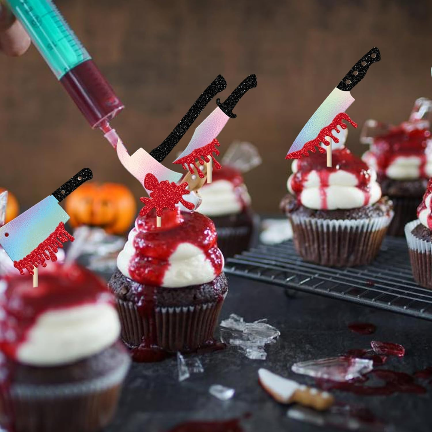 SYKYCTCY 30 Pack Halloween Knife Cupcake Toppers Glitter Scary Bloody Knife Cupcake Picks Killer Birthday Cake Decorations for Happy Halloween Theme Baby Shower Party Supplies (#1) image number 1