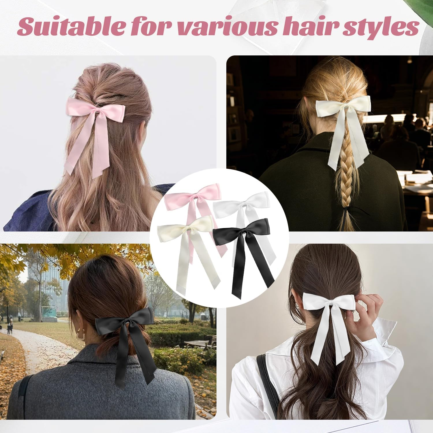 IGXX 4PCS Hair Bows, Satin Bow Hair Clips with Metal Clips, Hair Accessories for Women & Girls (White Black Pink Beige) image number 5