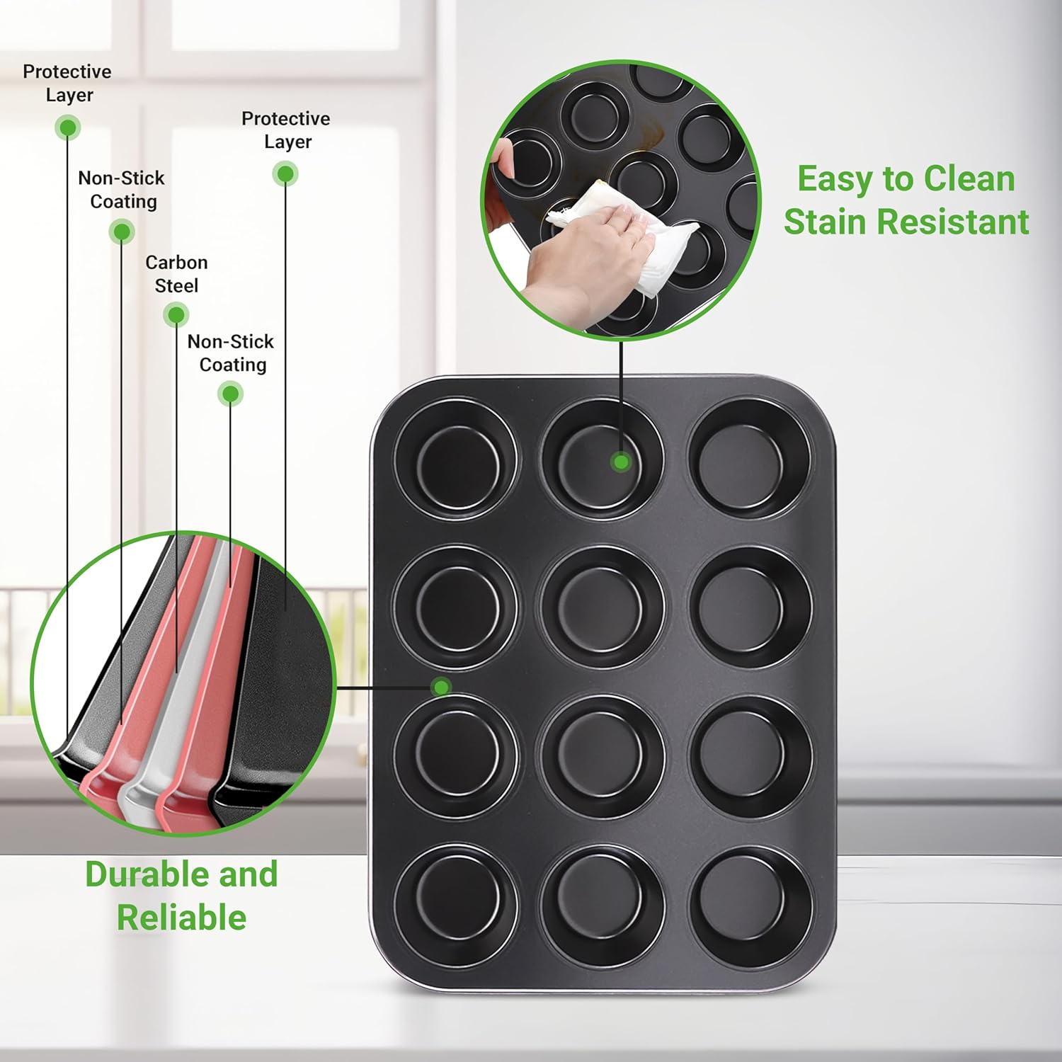 Nutrichef 13&rdquo; Non-Stick Muffin Baking Pan - Premium Dark Gray Carbon Steel Bake Tray, Commercial Grade Restaurant Quality Metal Bakeware - Dishwasher Safe image number 4