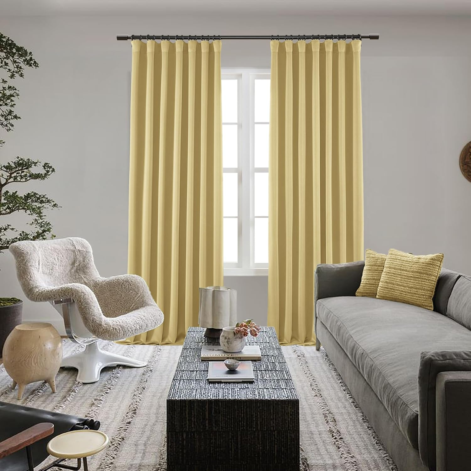 SHINELAND Gold Yellow Curtains 90 Inches Long 2 Panels Set,Blackout Back Tab Pleated Soundproof Noise Cancelling Reducing Curtain Drapes for Living Room Track System Hooks with Clips image number 3