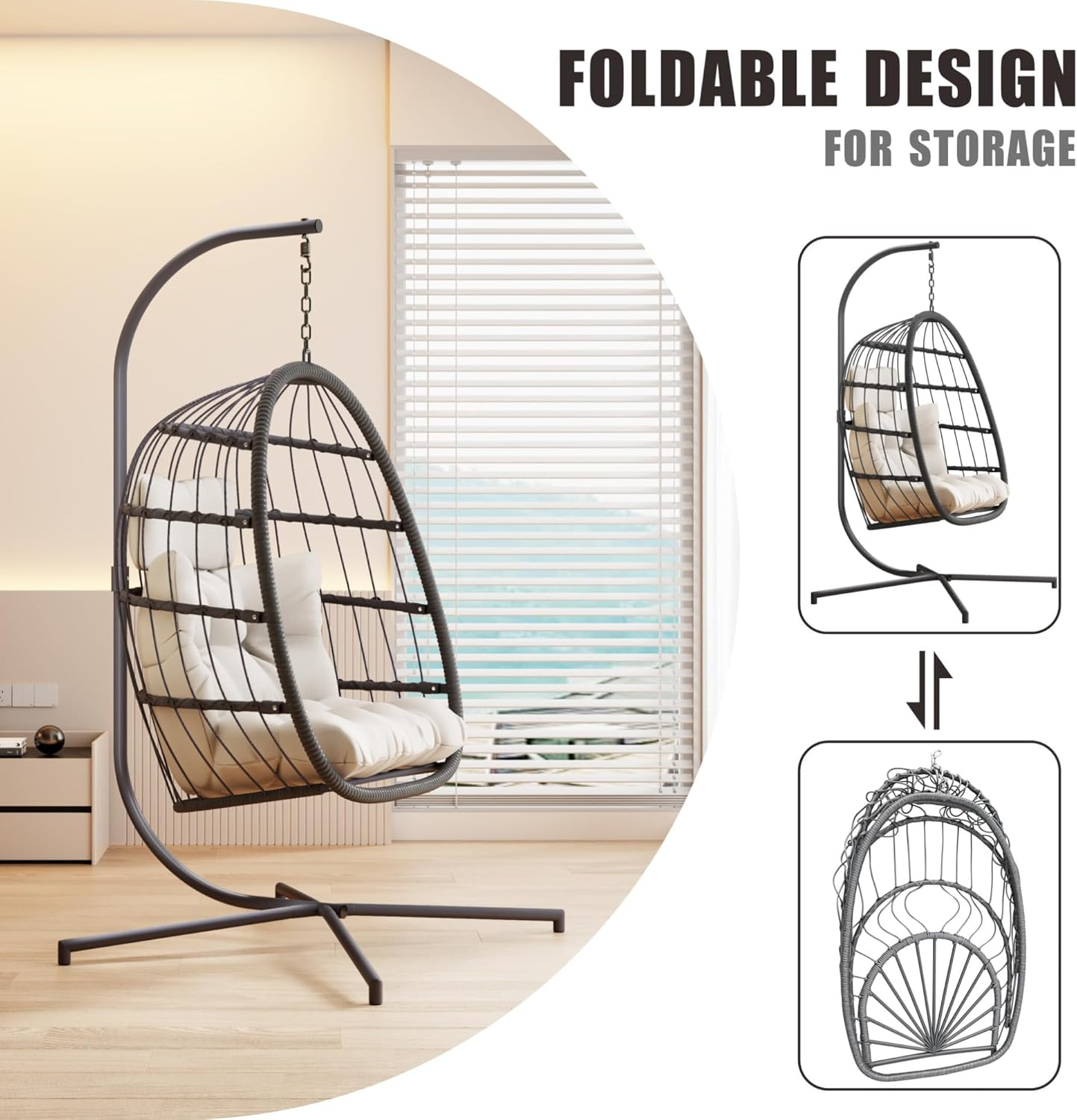 Dystler Hanging Egg Chair with Stand, Patio Wicker Egg Swing Chair with Cushion for Bedroom Garden Indoor Outdoor (Beige) image number 1