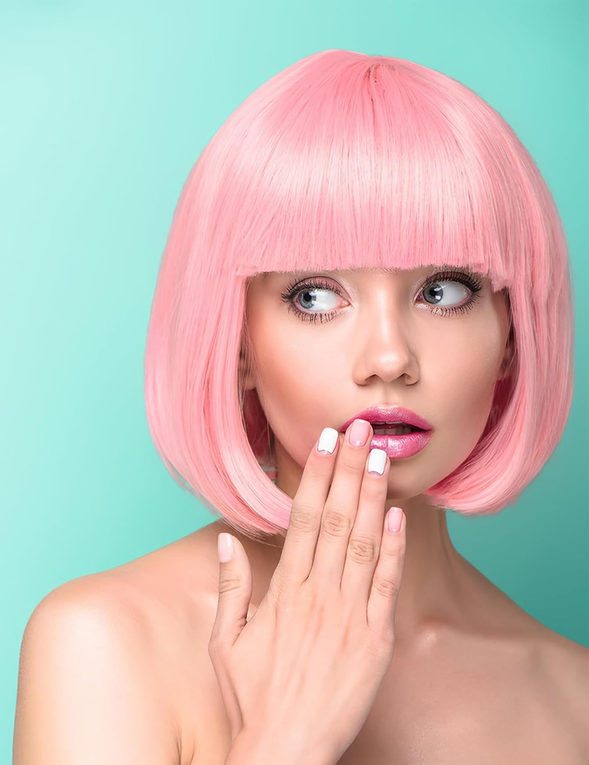 Wig and Party Sunglasses, Bob Wig with Bangs Light Pink Wigs for Women, Cosplay Party Wigs - Bachelorette Decorations Favors (Pink) - Red image number 2