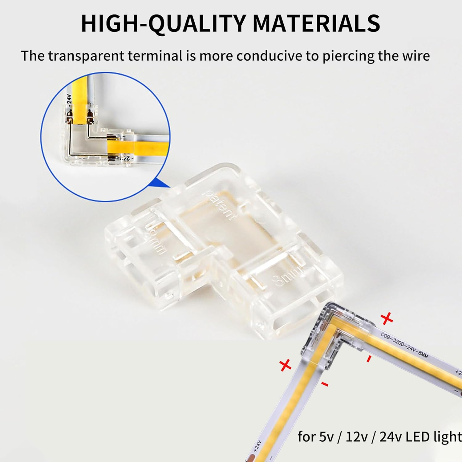 Clearhill 8Mm 2Pin 10Packs Transparent Solderless L-Shape COB LED Strip Connectors,90&deg;Right Angle Corner Joints for 5V 12V 24V Single Color LED Strip Lights,Seamless Corner Connection. image number 5