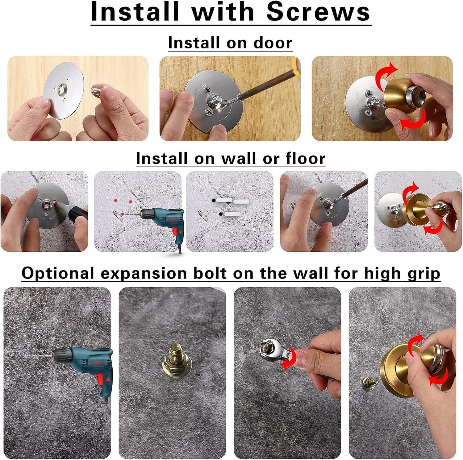 Magnetic Door Stopper, Heavy Duty Stainless Steel Door Stop Holder Come with 4 Pcs 3M Double-Sided Adhesive Tape & Hardware Screws,Install with Adhesive Tape or Screws on Floor Wall (Gold) - Silver image number 3