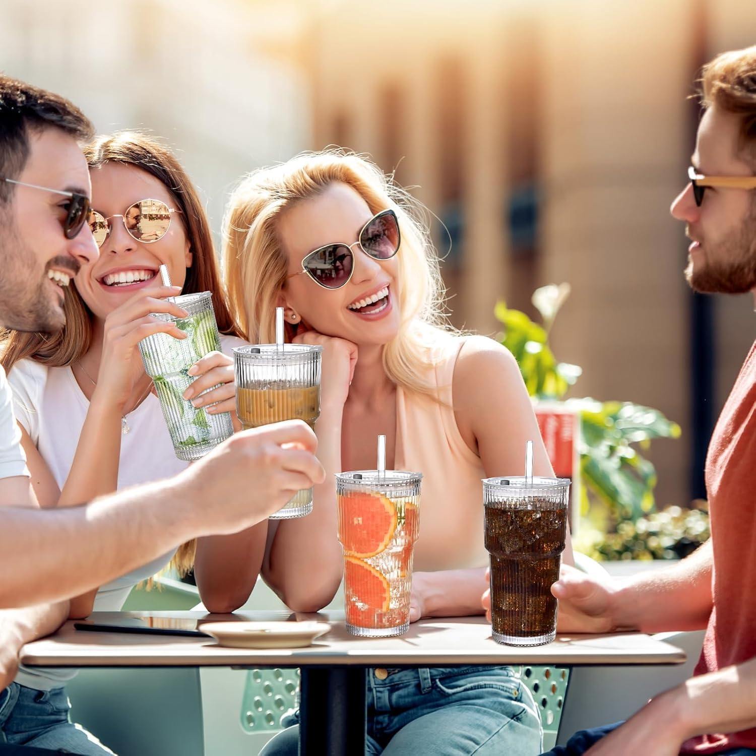 AUMA 20Oz Glass Tumblers with Lids and Straws, Set of 2 - Stylish Ribbed Design Drinking Glasses for Iced Coffee Cups, Juice, Smoothies, Cold Beverages, Includes Cleaning Brush, Durable Glassware image number 3