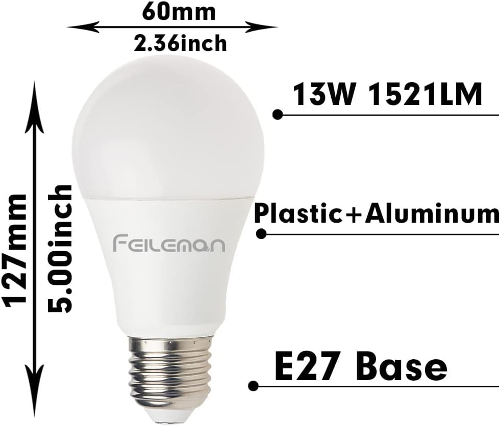 FEILEMAN E27 LED Light Bulb Edison Screw, 13W 1521Lm (100W Replace) Bright Warm White 3000K A60 LED Bulb, Not Dimmable Classic a Light Bulb, Pack of 6 image number 2