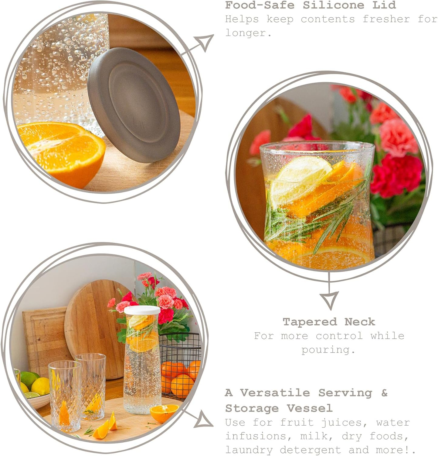 LAV Vera Glass Carafes - Set of 2 X 1.2L Water & Juice Pitchers with White Silicone Lids - Airtight Glass Jugs for Wine, Cocktails, or Food Storage - Durable & Dishwasher Safe image number 1