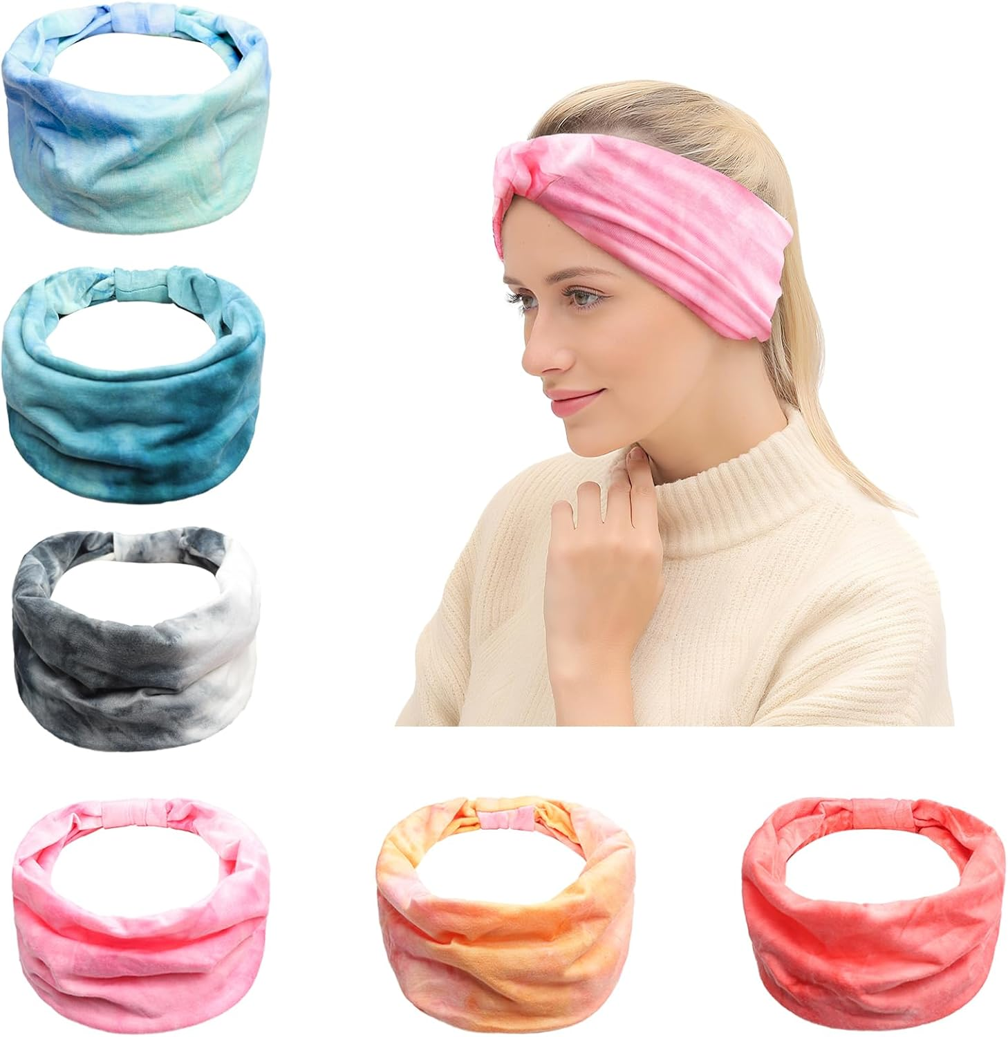HENGBIRD Pack of 6 Women'S Hair Bands, Headband, Women'S Sports, Headscarf, Bandana, Hair Bandana, Hair Bandans, Not Easy to Deform, Tie Dye Cotton, Non-Slip, Lightweight Hair Bands for Fit Workout image number 2