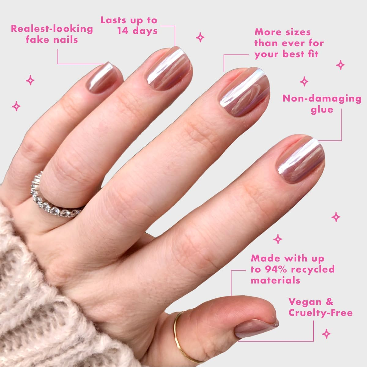 Olive & June Mani Minimalist Instant Press on Nails (Glue) | Taupe | Extra Short, Squoval 42 Fake Nails, 21 Sizes Non-Toxic, Long-Lasting Barely-There Look | Taupe Jelly Chrome