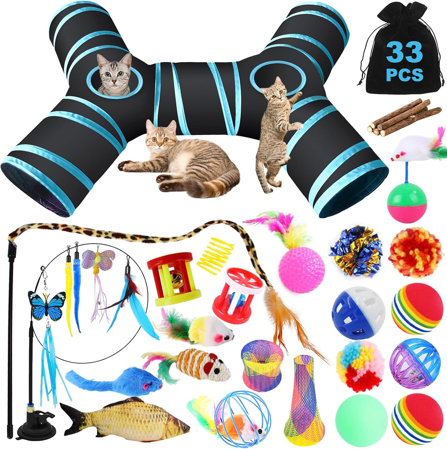 Cat Toy Kitten Toy Set for Indoor Puppies Cats, Including Funny Cat Stick, Foldable Cat Tunnel, Catnip Carrot, Mice, Crinkle Balls and Bells image number 3