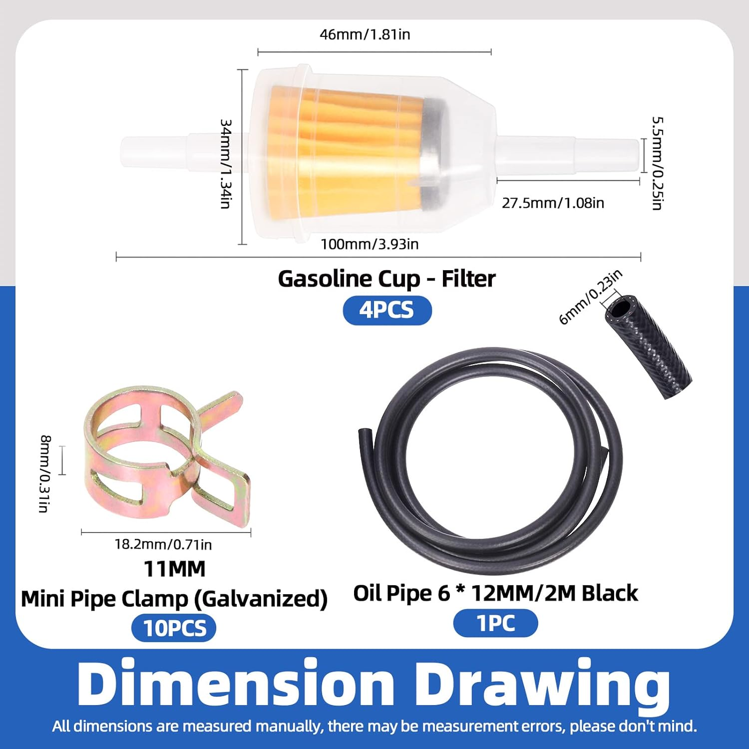 Glarks 15Pcs 1/4"(6Mm) ID Fuel Line Set, 2 Meter / 6 Feet Fuel Line Hose and Fuel Filters with 2/5" ID Fuel Hose Clamps Assortment Kit for Most Small Engines Lawnmower Generator Tractor Snow Machine image number 6