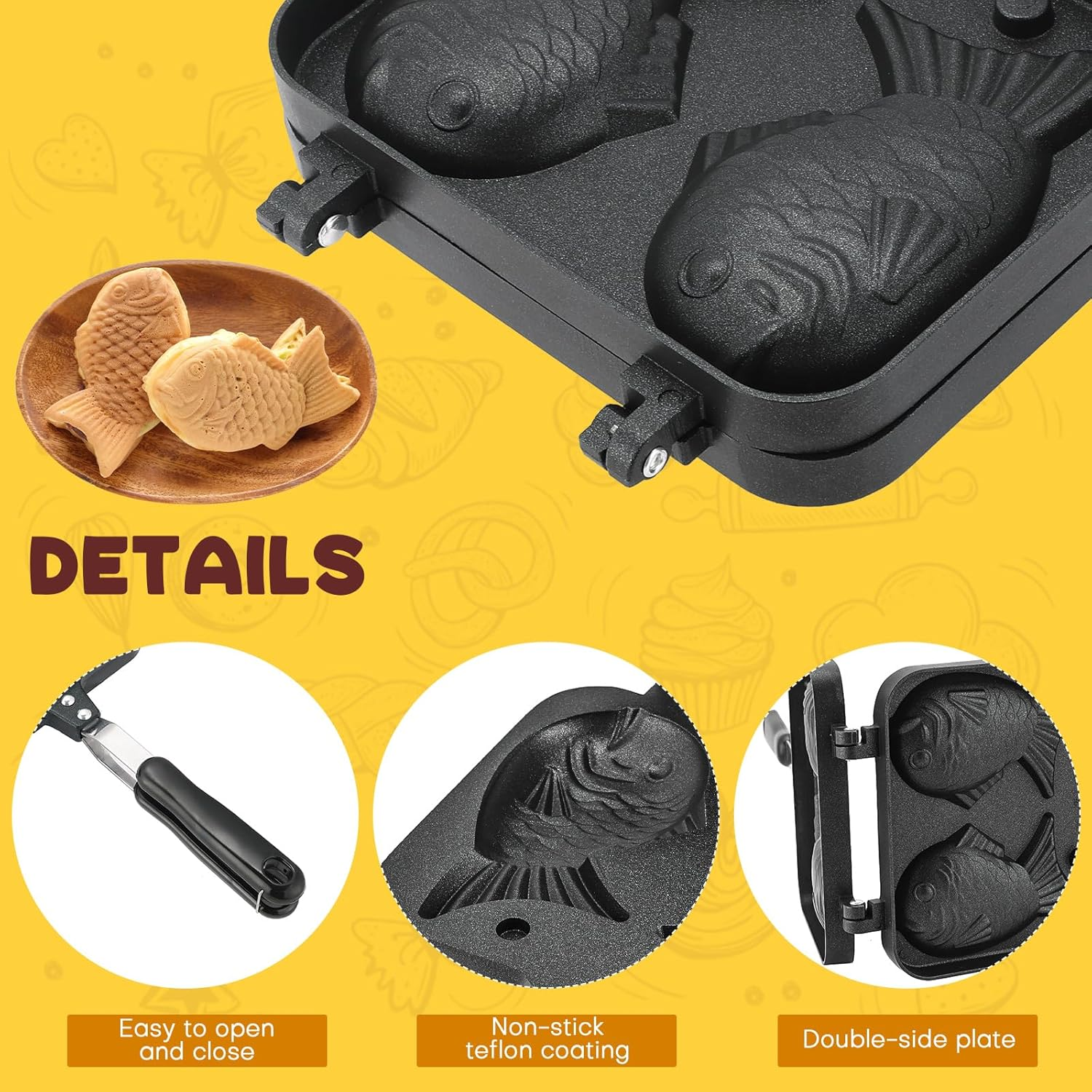 AMGSH Taiyaki Fish Shape Cake Pan Waffle Cake Maker Pan Fish-Shaped Pancake Double Pan Mold for Home Cooking with Silicone Oil Brush image number 1