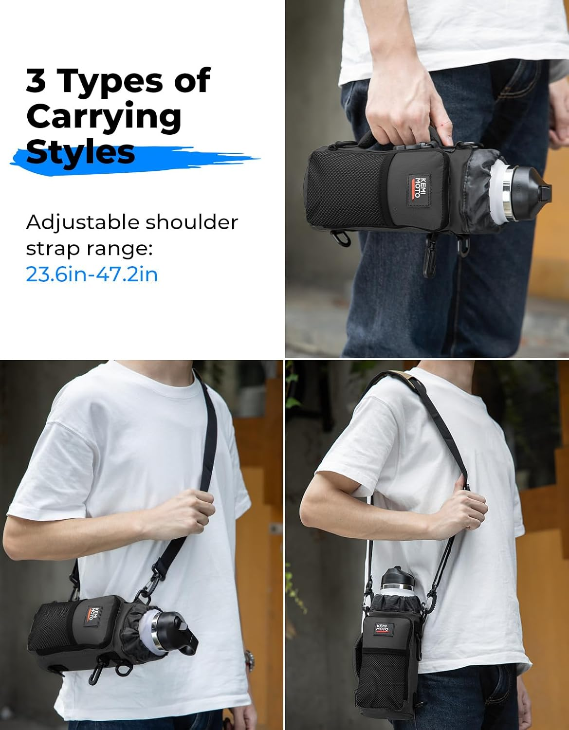 KEMIMOTO Water Bottle Holder Bag, Water Bottle Carrier with Shoulder Strap and Side Handle Strap, Water Bottle Cup Holder for Hiking Biking Camping Fishing, Compatible with YETI Stanley SLM 32 Oz