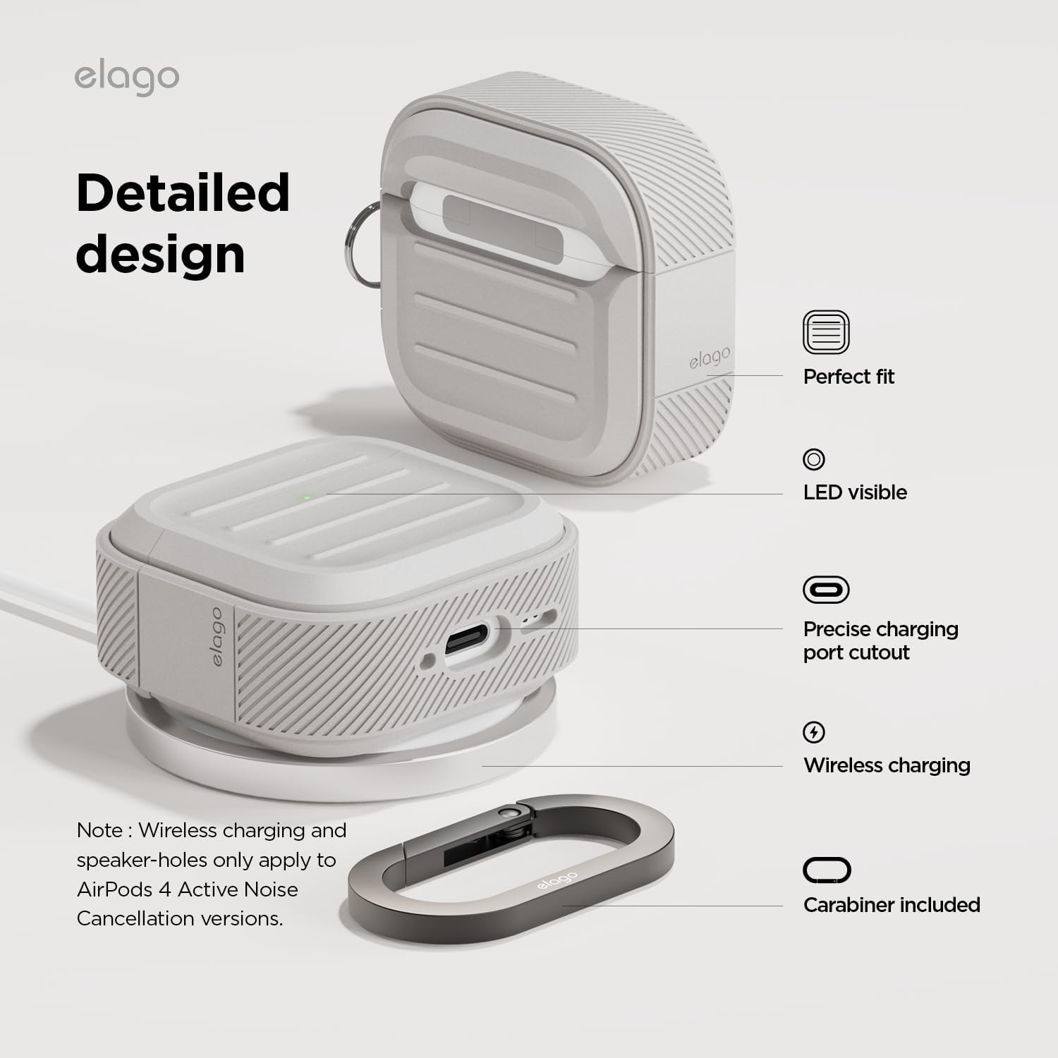 Elago Armor Case Compatible with Airpods 4Th Generation Case - Compatible with Airpods 4 Case, Carabiner Included, Supports Wireless Charging, Shock Resistant, Full Protection (Stone) - Stone image number 2