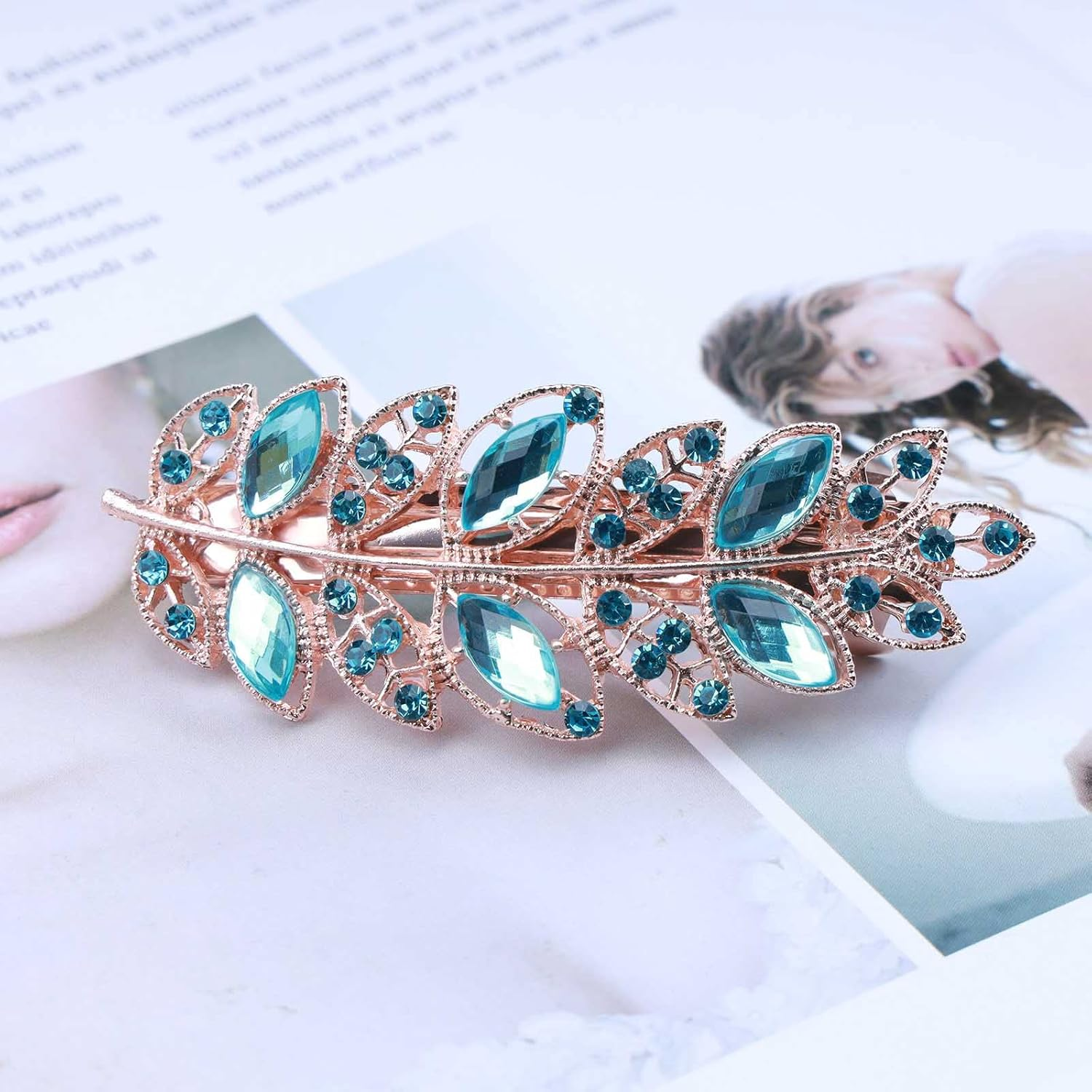 Wendalern Wedding Rhinestone Hair Clips Blue Leaf Hair Clip Crystal Hair Clips Headwear Gold CZ Leaf Hairpiece Decorative Hair Accessories for Women and Girls image number 5