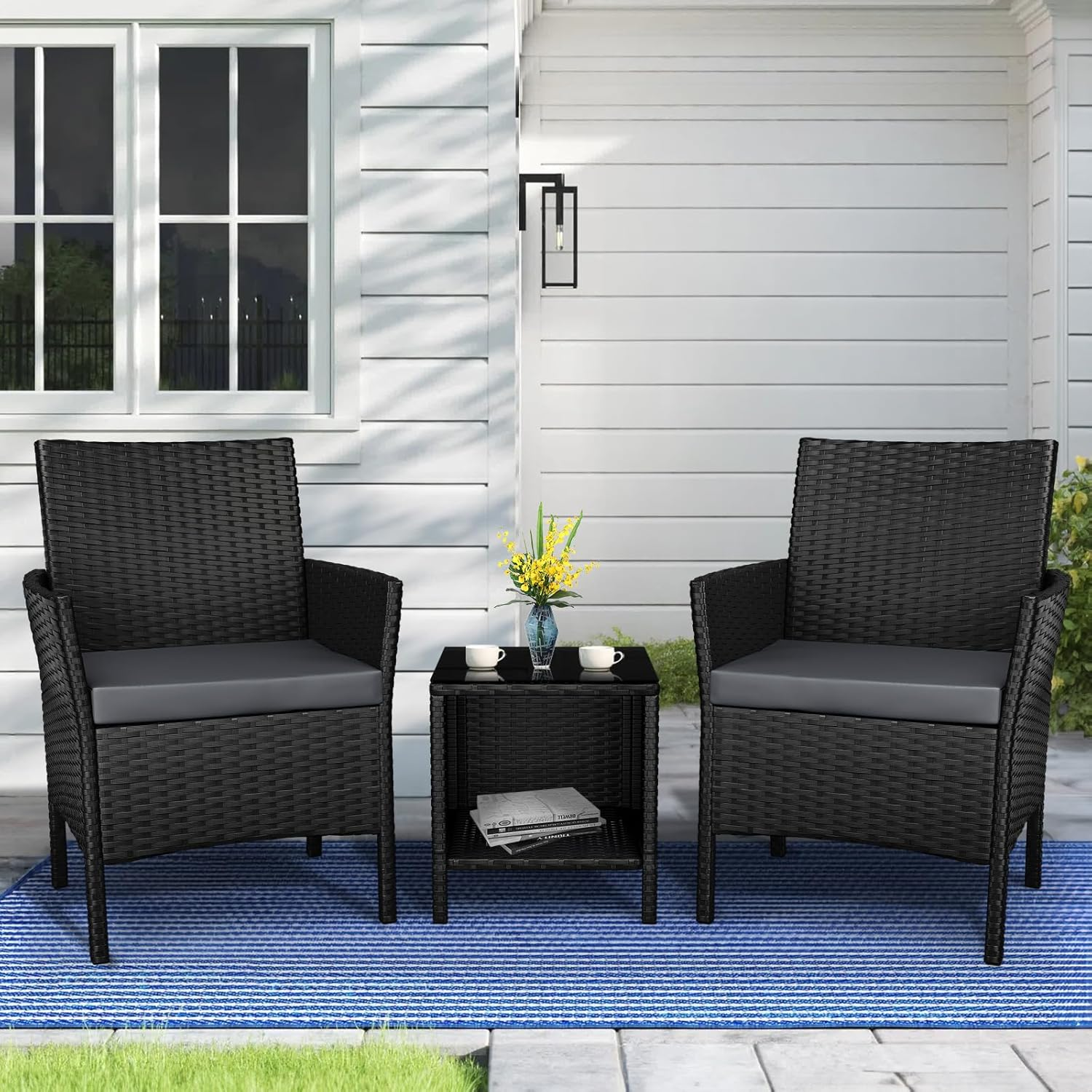 ALFORDSON Outdoor Patio Furniture 3Pcs Conversation Set, Wicker 3 Pieces Lounge Chair & Glass Coffee Table Setting, Steel Frame Garden Rattan Sofa with Cushions, Black image number 3