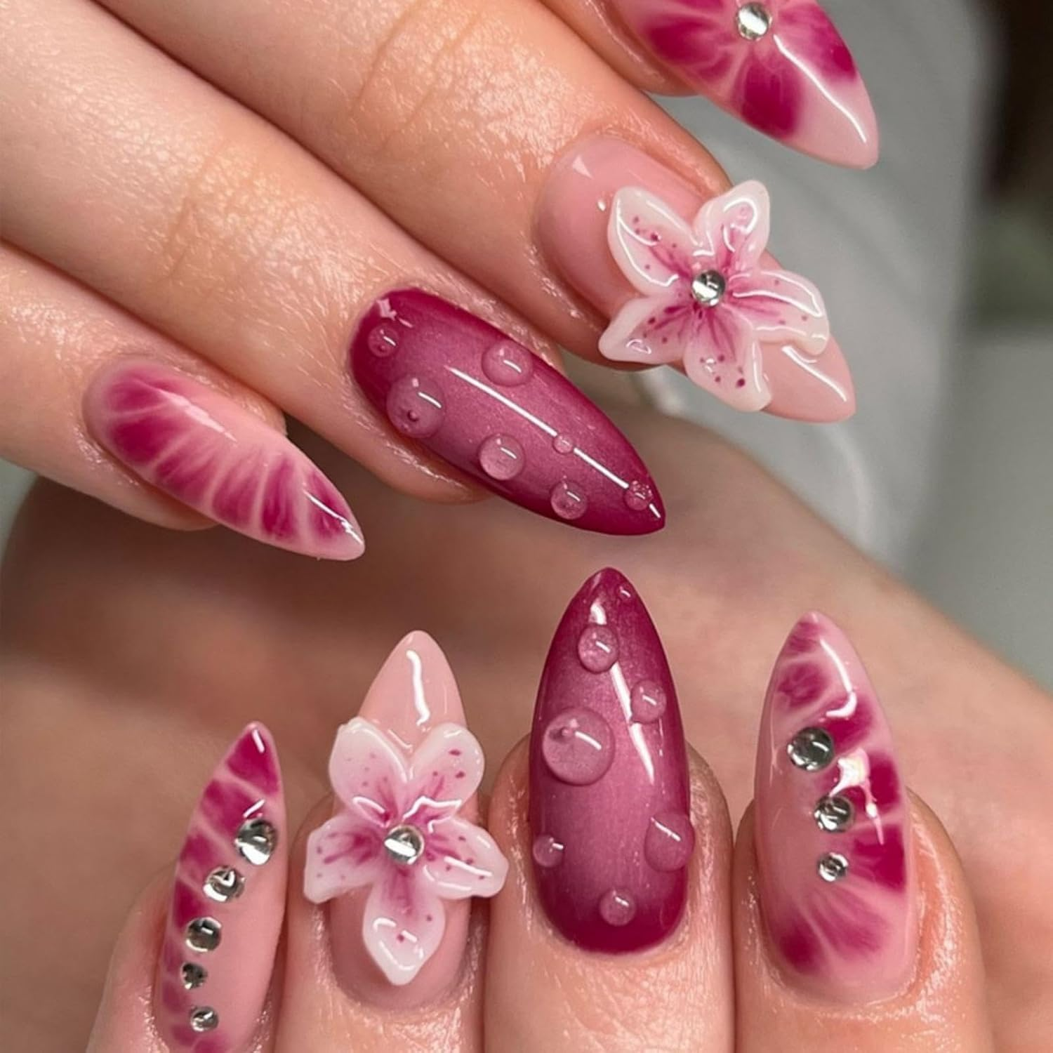 Almond Press on Nails Coffin Shape &ndash; 3D Floral Design with Rhinestones, Long French Tip Acrylic False Nails, Handmade Elegant Fake Nails for Women, Nail Art Accessories image number 4