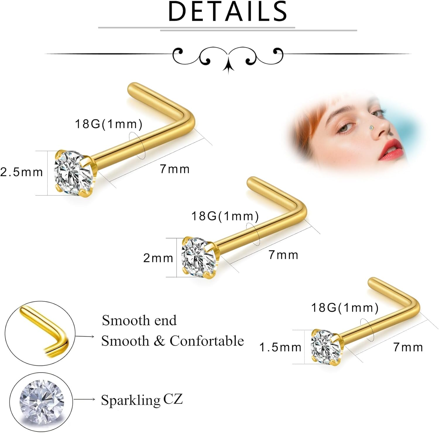 D.Bella 16G 18G 20G 22G L Shaped Nose Studs Surgical Steel 1.5Mm 2Mm 2.5Mm 3Mm Clear Colorful Diamond CZ Nose Rings Studs Nose Rings for Women Nose Nostril Piercing Jewerly Silver Gold Rose Gold Black image number 6