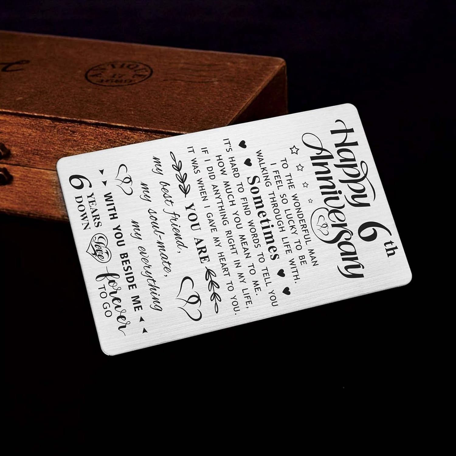 6Th Wedding Anniversary Card Gifts for Him Husband, Happy 6 Year Anniversary Card Presents, Metal Engraved Wallet Card image number 2