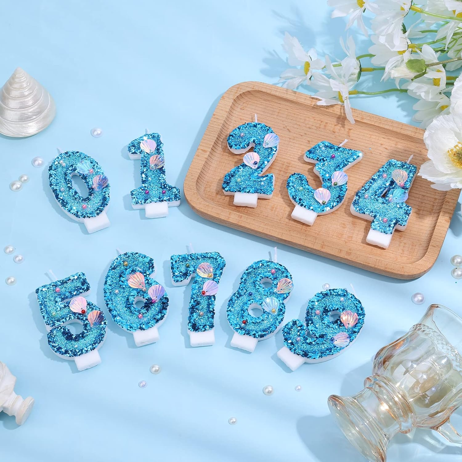 Savita 3 Inch Blue Glitter Number 3 Candle, Modern Starfish Theme, Birthday image number 6