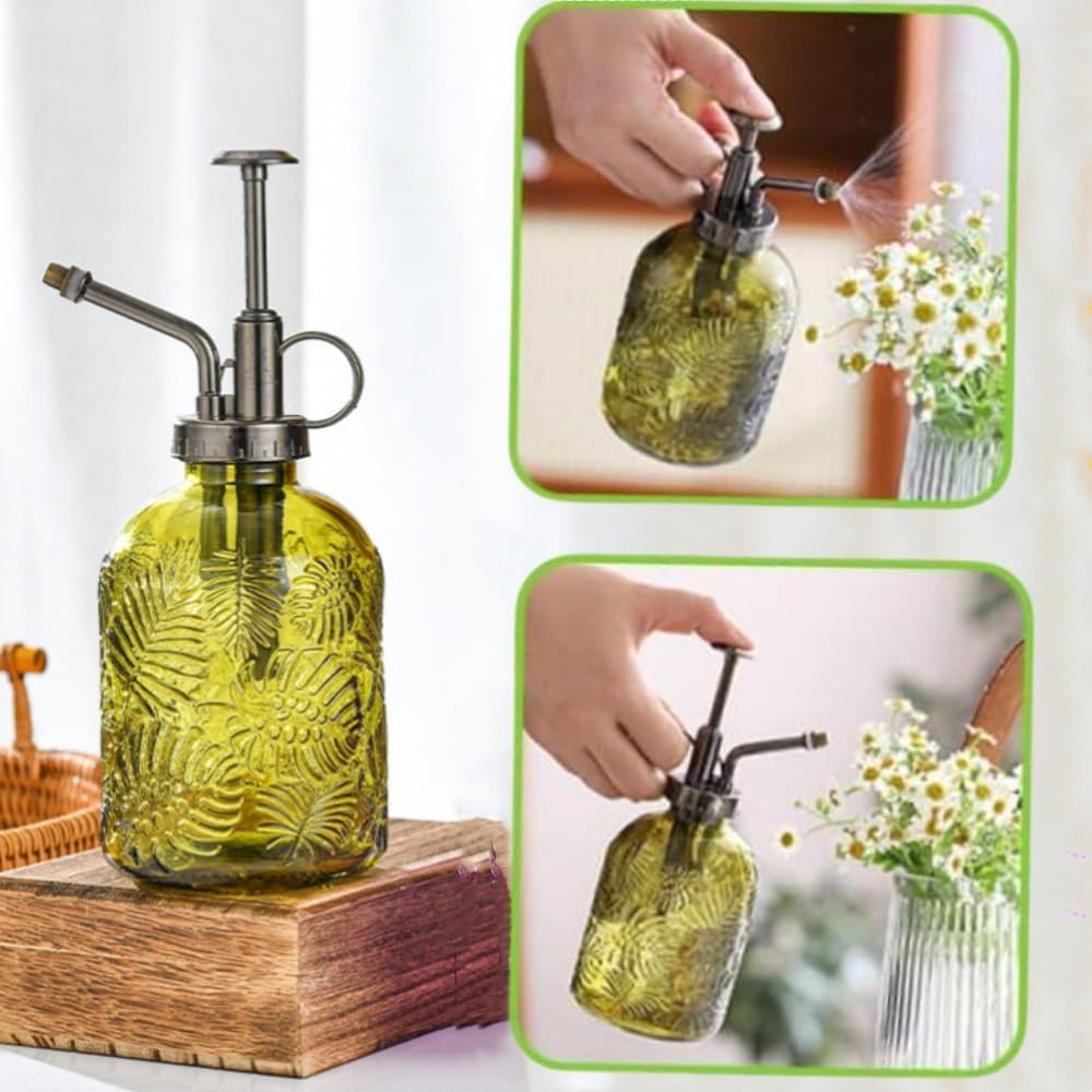 20Cm Tall Vintage Style Spritzer,360Ml Glass Pump Plant Mister Plant Spray Bottle,One Hand Succulent Watering Bottle With,Small Watering Can for Indoor Outdoor House Plant Yellow+Bronze Color