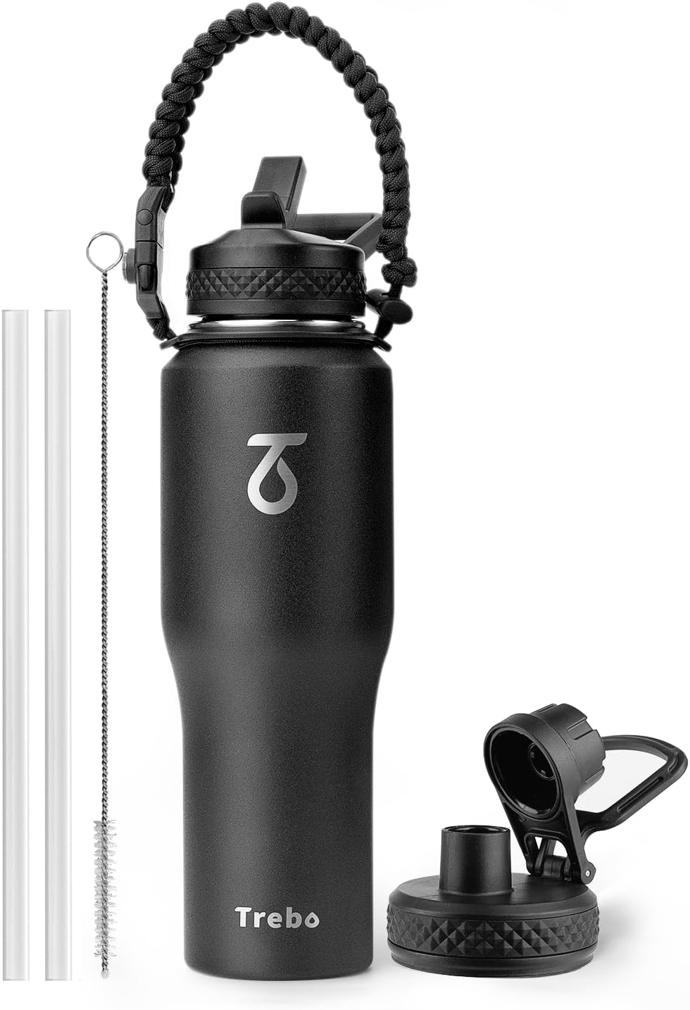Trebo 32Oz Insulated Water Bottle That Fits in Cup Holder, Stainless Steel Double Wall Tumbler Flask Bottles with Paracord Handle, with Straw Spout Lids, Keep Cold for 48 Hrs/Hot 24 Hrs,Indigo/Black