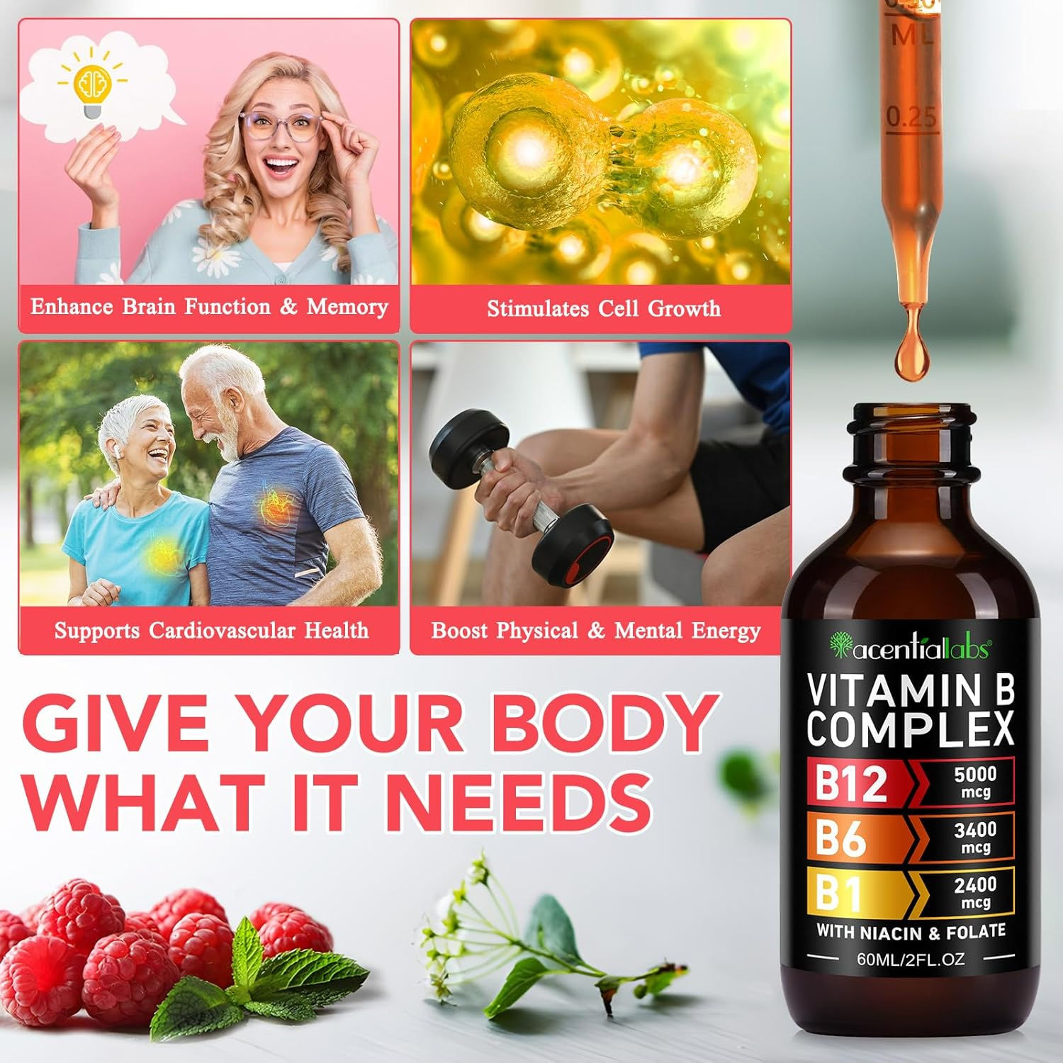 Vitamin B Complex Liquid Drops 60Ml | B12 5000 Mcg, B6 3400 Mcg, B1 2400 Mcg | Plant-Based B-Complex with Niacin & Folic Acid | Fast-Absorbing Sublingual Drops | Natural Raspberry Flavour image number 6
