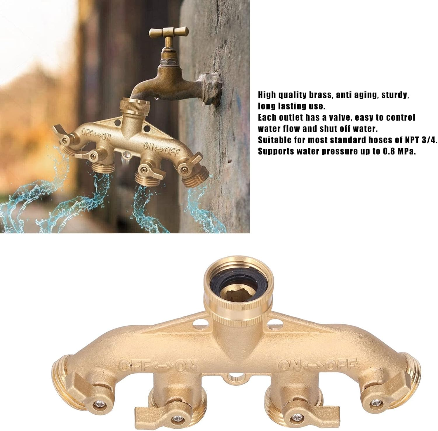 4 Way Connector, Hose Splitter Brass for Lawn Irrigation for Garden Irrigation System image number 2