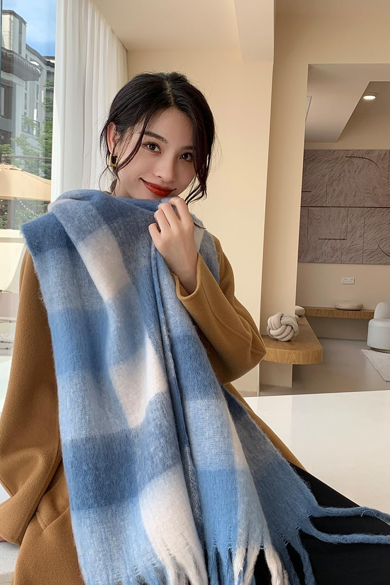 Youcoscos Winter Scarf for Women Oversized Chunky Plaid Scarves Large Plaid Thick Soft Warm Blanket Scarfs Tassel Shawl - Beige image number 6