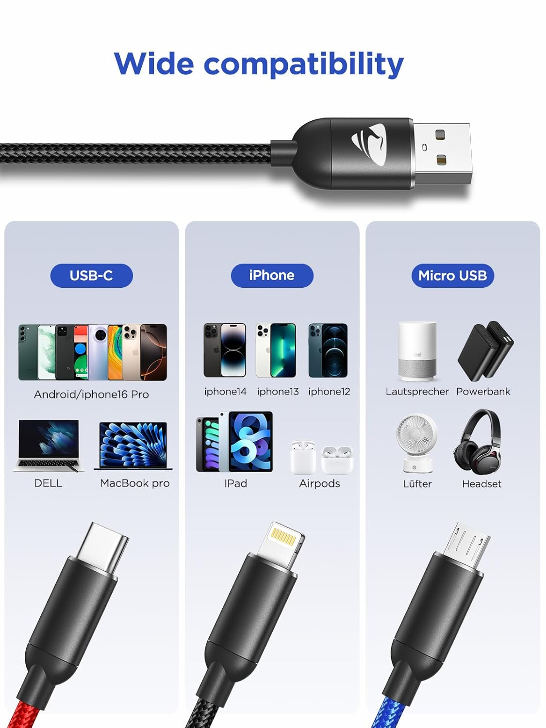 Aioneus 3 in 1 Charging Cable, Multi Charging Cable 1.2M USB C Cable 3-In-1 USB Fast Charging Cable with Type-C, Micro USB and Lightning Cable Compatible with Iphone, Galaxy, Ipad, Tablets, Huawei image number 3