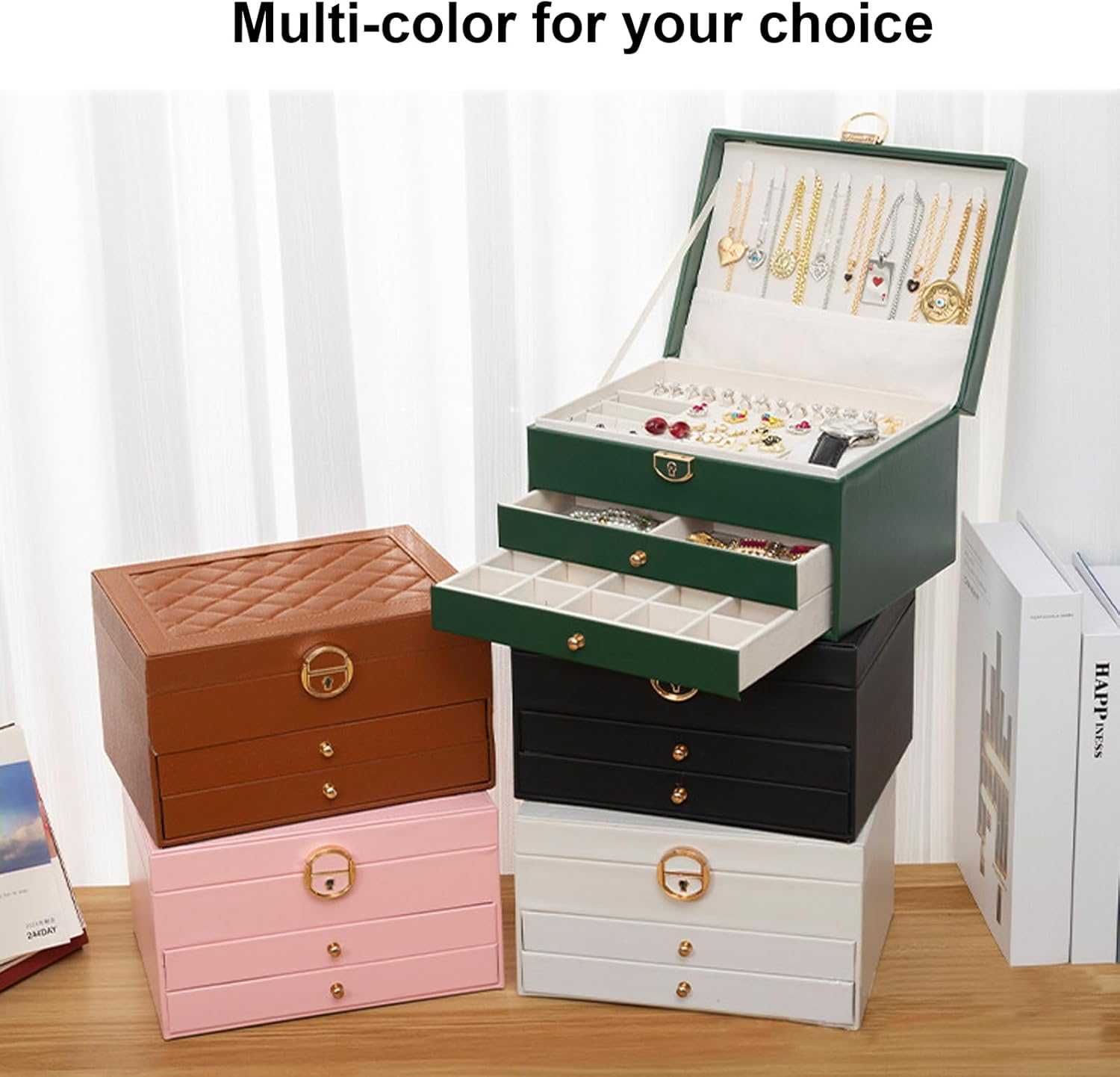 Jewelry Box for Women, Jewelry Organizer Box with Lock, 3-Layer (Black) image number 5