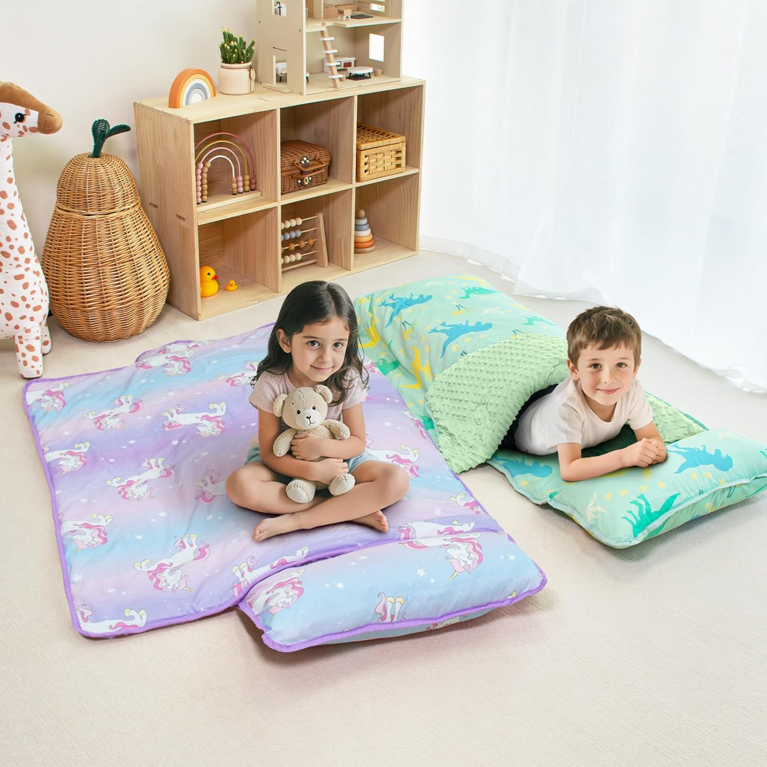 55"X22"X3" Nap Mat with Removable Pillow & Blanket, Kids Sleeping Bag with Reinforced Seams, Super Thick Padding Toddler Nap Mat for Daycare,Preschool,Kindergarten