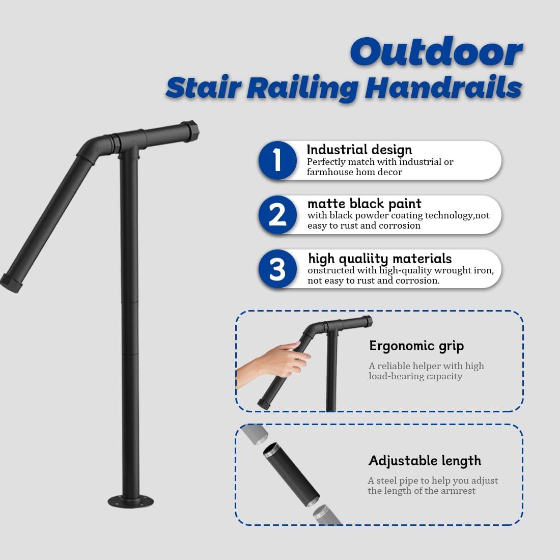 REASOR Outdoor Stair Railing Handrail for 1-2 Steps, Single Post Wrought Iron Rail for Concrete or Wooden Stairs, Black Powder Coated, 25Mm Diameter, Supports up to 100Kg image number 2