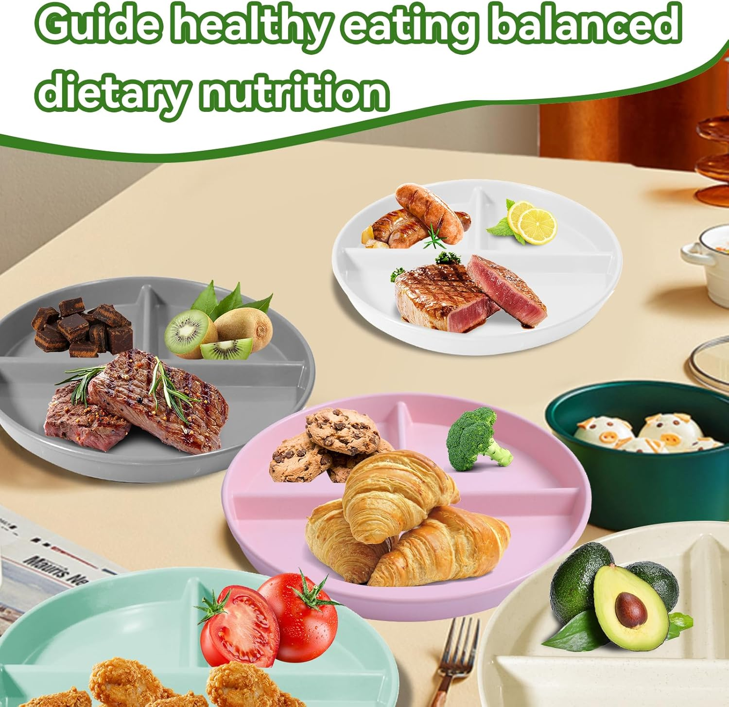 WAYGYMBBD Unbreakable Divided Plates for Kids Adults 9 Inch 5Pcs，Round Portion Control Plate,3 Compartment Plates with Dividers，Microwave and Dishwasher Safe image number 5