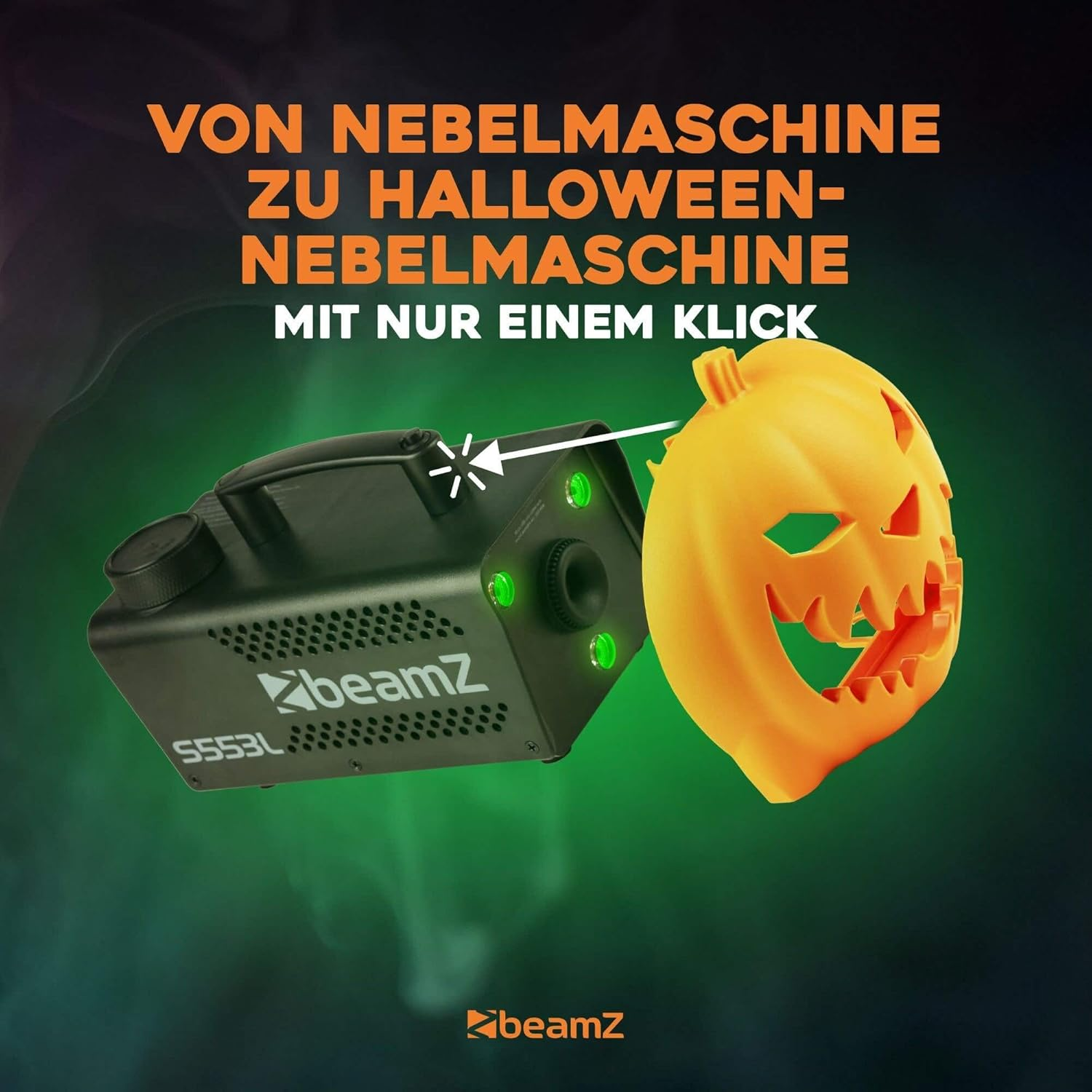 Beamz S553L Fog Machine Halloween Decoration with LED Pumpkin Head - 550 Watt Smoke Machine with 250 Ml Liquid, 2-In-1 with Halloween Pumpkin Decoration image number 2