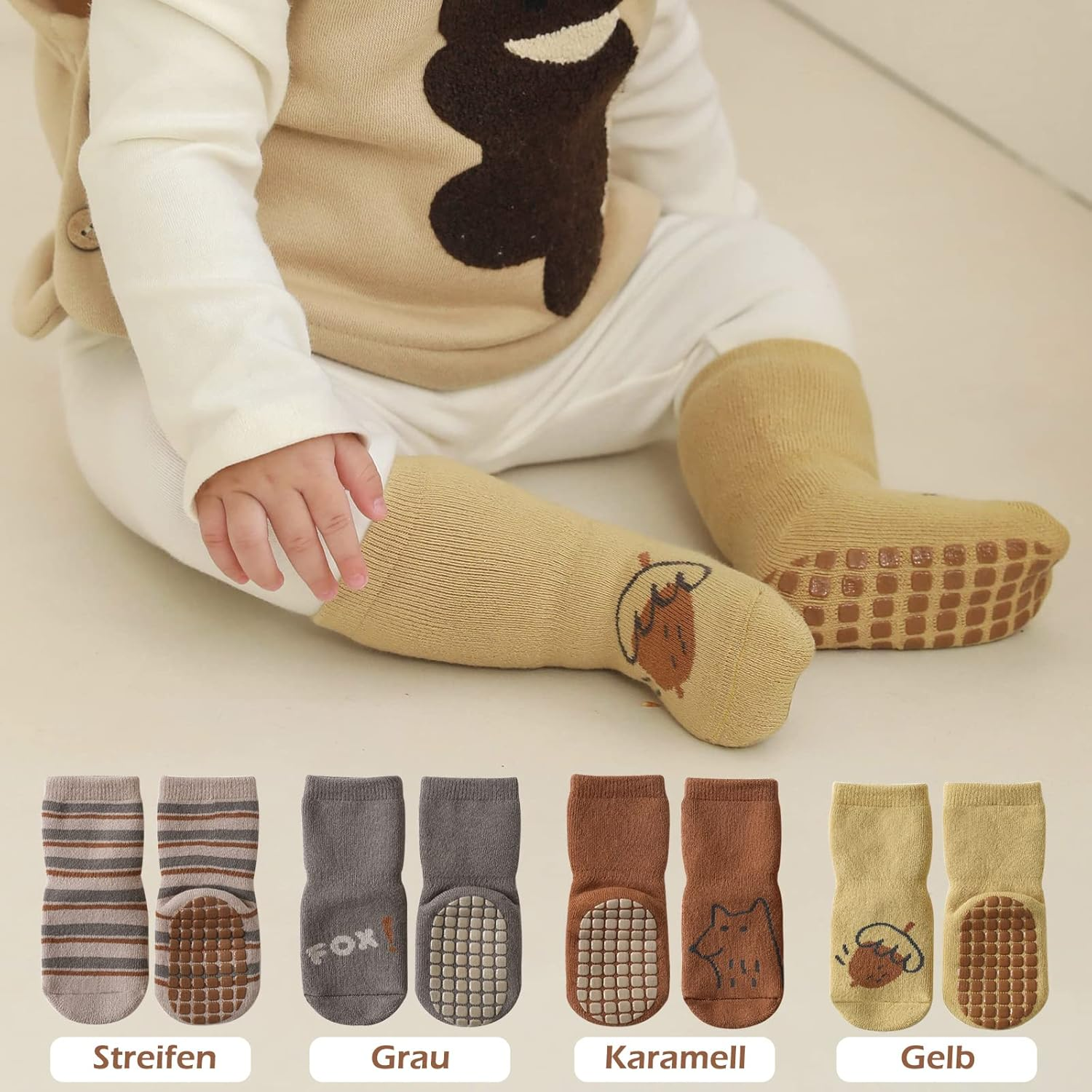 4 Pairs Unisex Baby Socks Non Slip Grip Socks for Girls Boys Children Floor Socks Warm Cute Animal Cartoon Toddler Kids Anti-Slip Cotton Socks for 0-5 Years Old image number 6