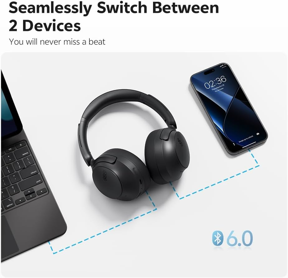 QCY H3S over Ear Bluetooth Headphones, Hybrid Active Noise Cancelling, Hi-Res Audio, LDAC, Ultralight and Comfortable Fit, 86 Hours Battery Life, Bluetooth 6.0, EQ in App, Dual Connection image number 6