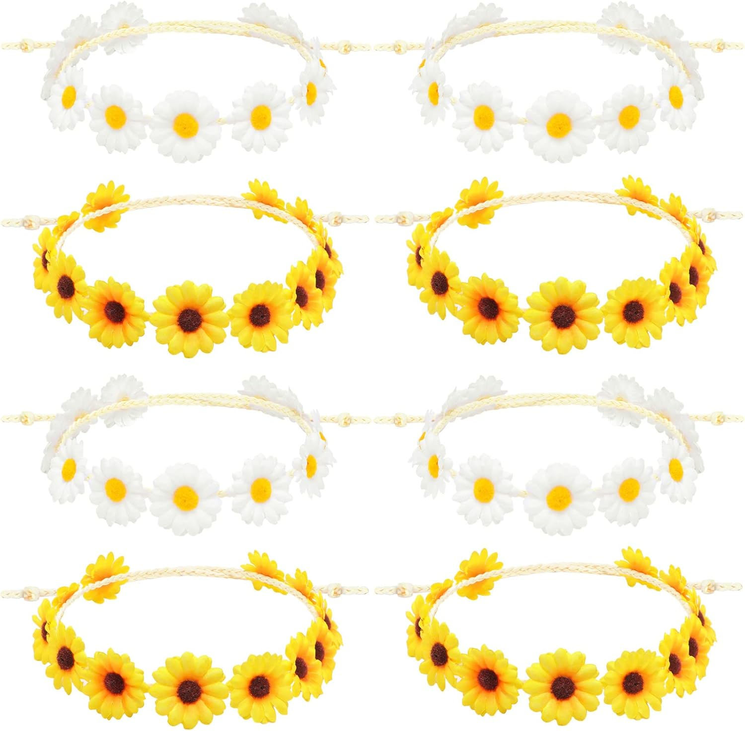 8 Pieces Sunflower Crown Hair Wreath Daisy Flower Headbands Hippie Headbands Adjustable Floral Bridal Headpiece for Hippie Party Wedding Festivals Photo Props