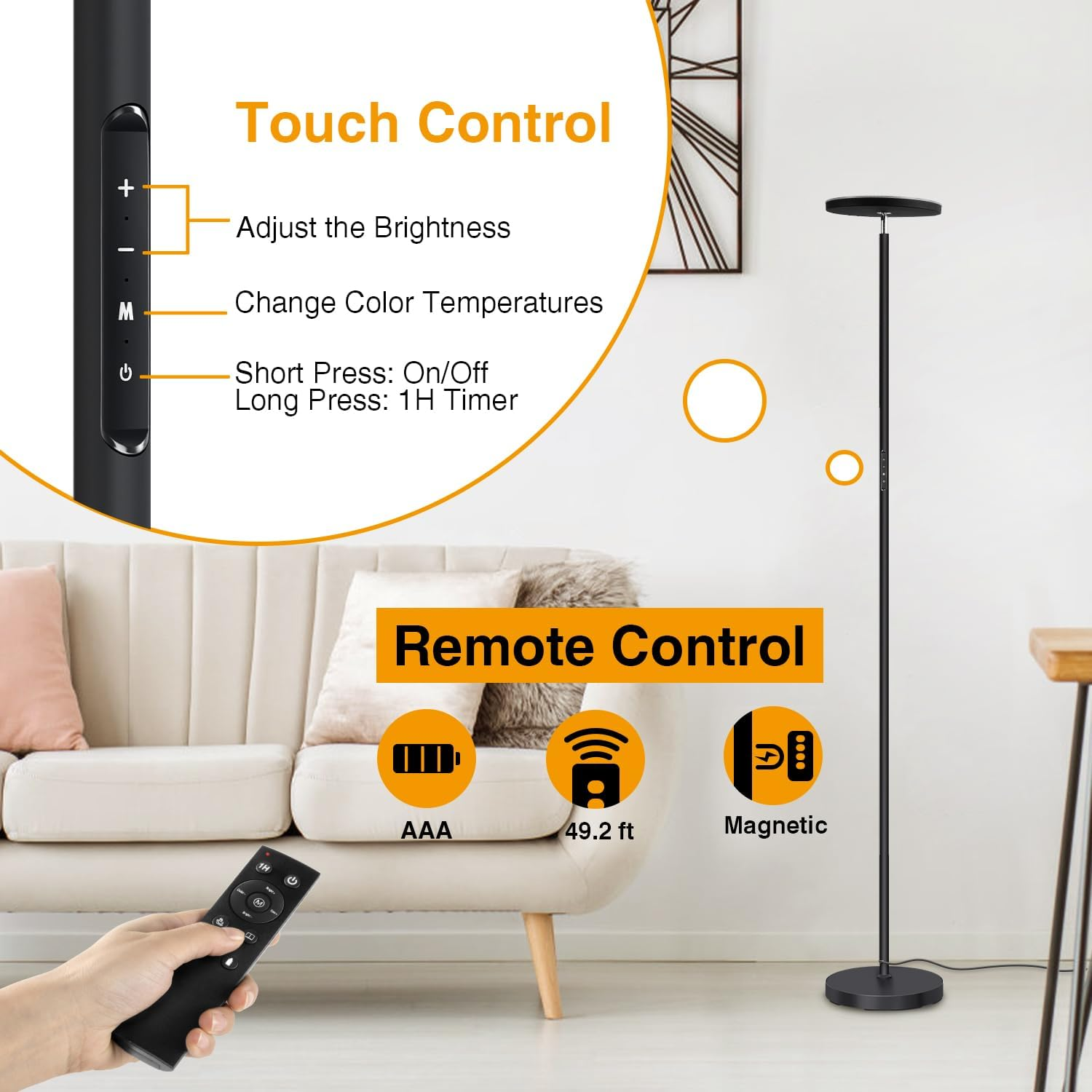 OUTON 30W 3000LM LED Uplighter Floor Lamp, Super Bright 4 Colour Temperatures Dimmable Standing Lamp with Remote & Touch Control, 1H Timer Tall Torchiere Lamp for Living Room Bedroom Office, Black - Silver Grey image number 5