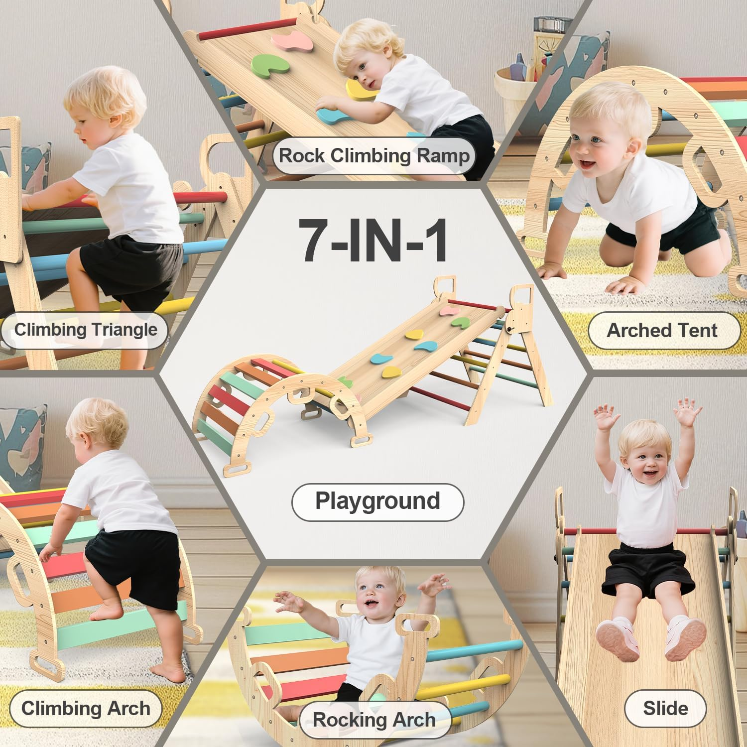 Pikler Triangle Set, 7In1 Foldable Baby Montessori Climbing Toys, Wooden Climber Indoor Jungle Gym for Toddlers image number 1