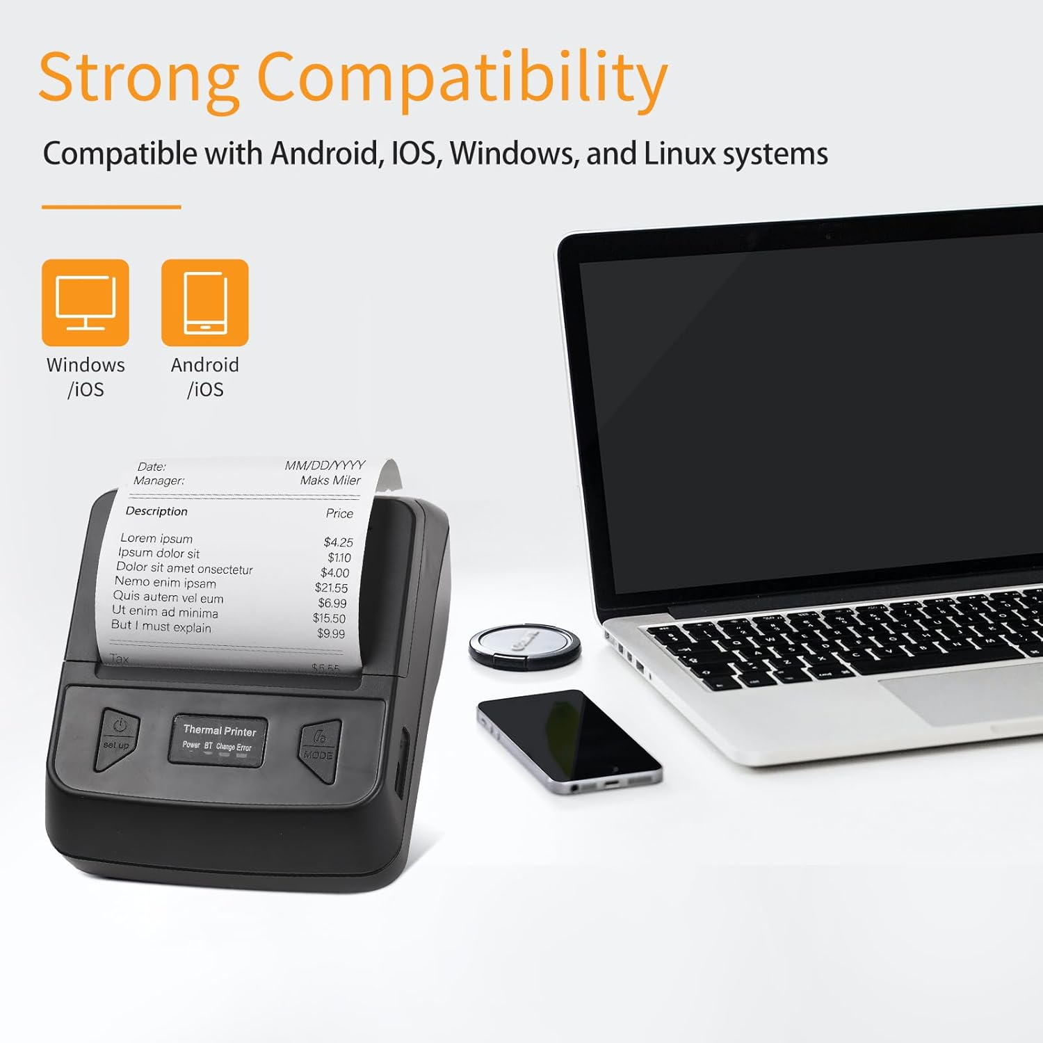 LAPOOH Portable 80Mm Receipt Label Printer Wireless BT Thermal Receipt Printer Mobile Bill Printer Compatible with Android/Ios/Windows System ESC/POS Print Command for Small Business Restaurant image number 2