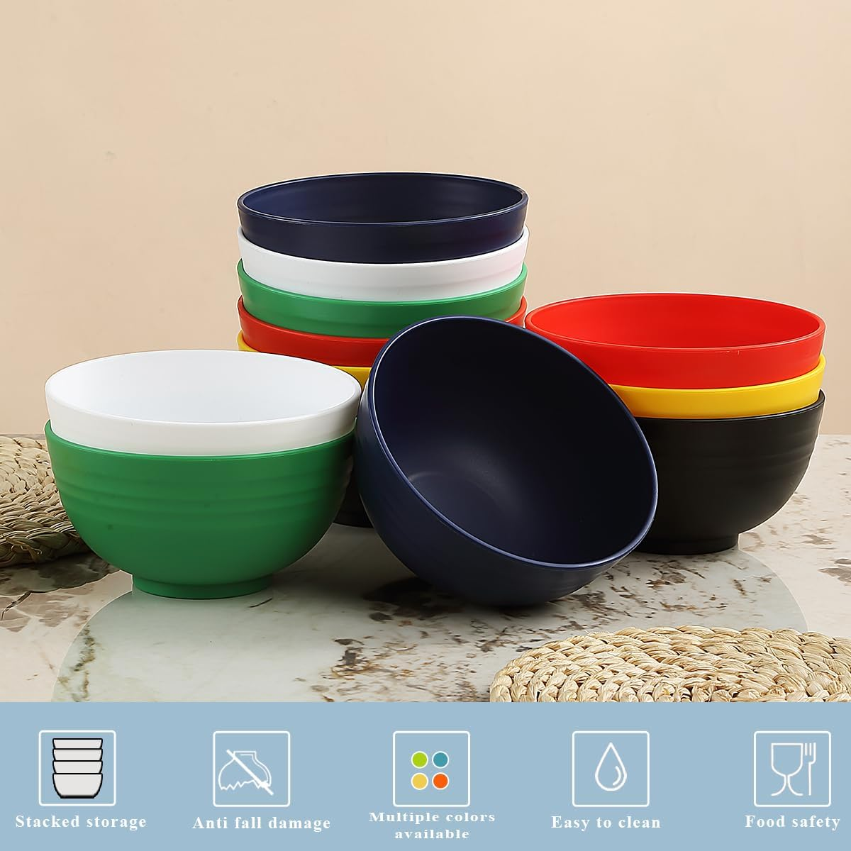 Berglander Plastic Bowls Set of 12 Pieces 25Oz, Mutil Color Reusable and Sturdy Ramen Bowl, Soup Bowls, Cereal Bowl for Adult, Kids, Home, Restaurant, Garden, Picnic, Camping, Poolside, Outdoor - 2. De Color image number 6