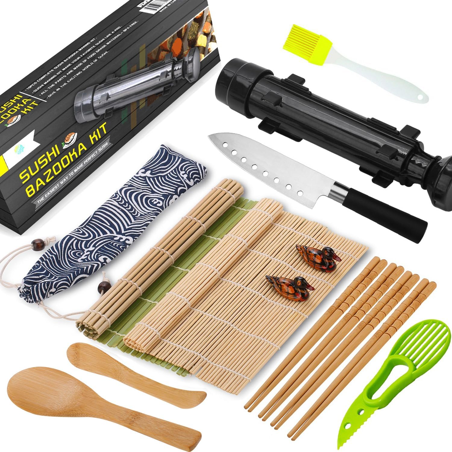 FUNGYAND Sushi Making Kit, All in One Sushi Bazooka Maker with Bamboo Mats, Bamboo Chopsticks, Avocado Slicer, Paddle, Spreader, Sushi Knife, Chopsticks Holder, Cotton Bag, DIY Sushi Roller Machine image number 5