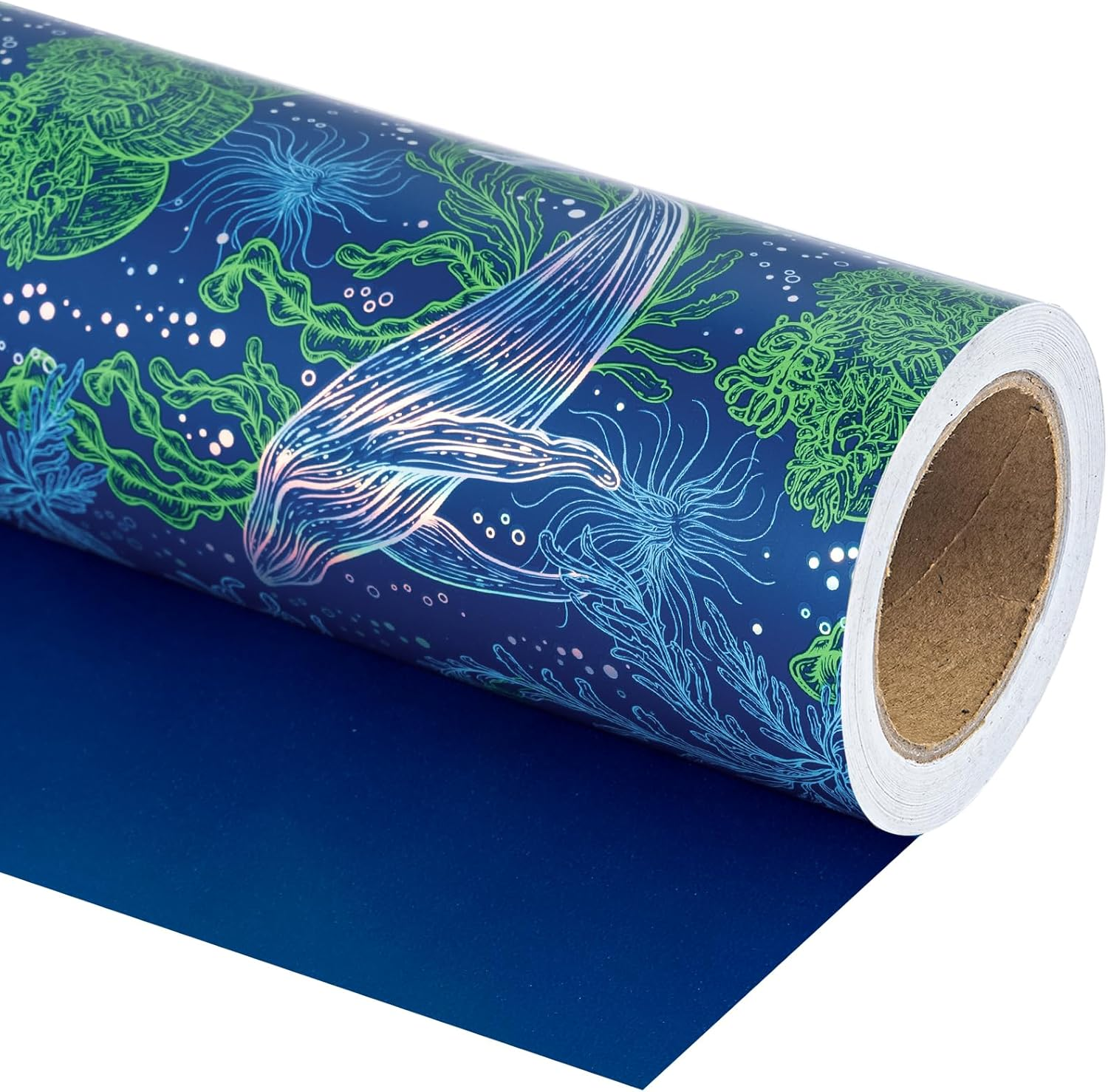 WRAPAHOLIC Reversible Wrapping Paper - Mini Roll - 17 Inch X 33 Feet - Scal with Colorful Foil and Solid Light Mint Design for Birthday, Baby Shower, Party, Holiday