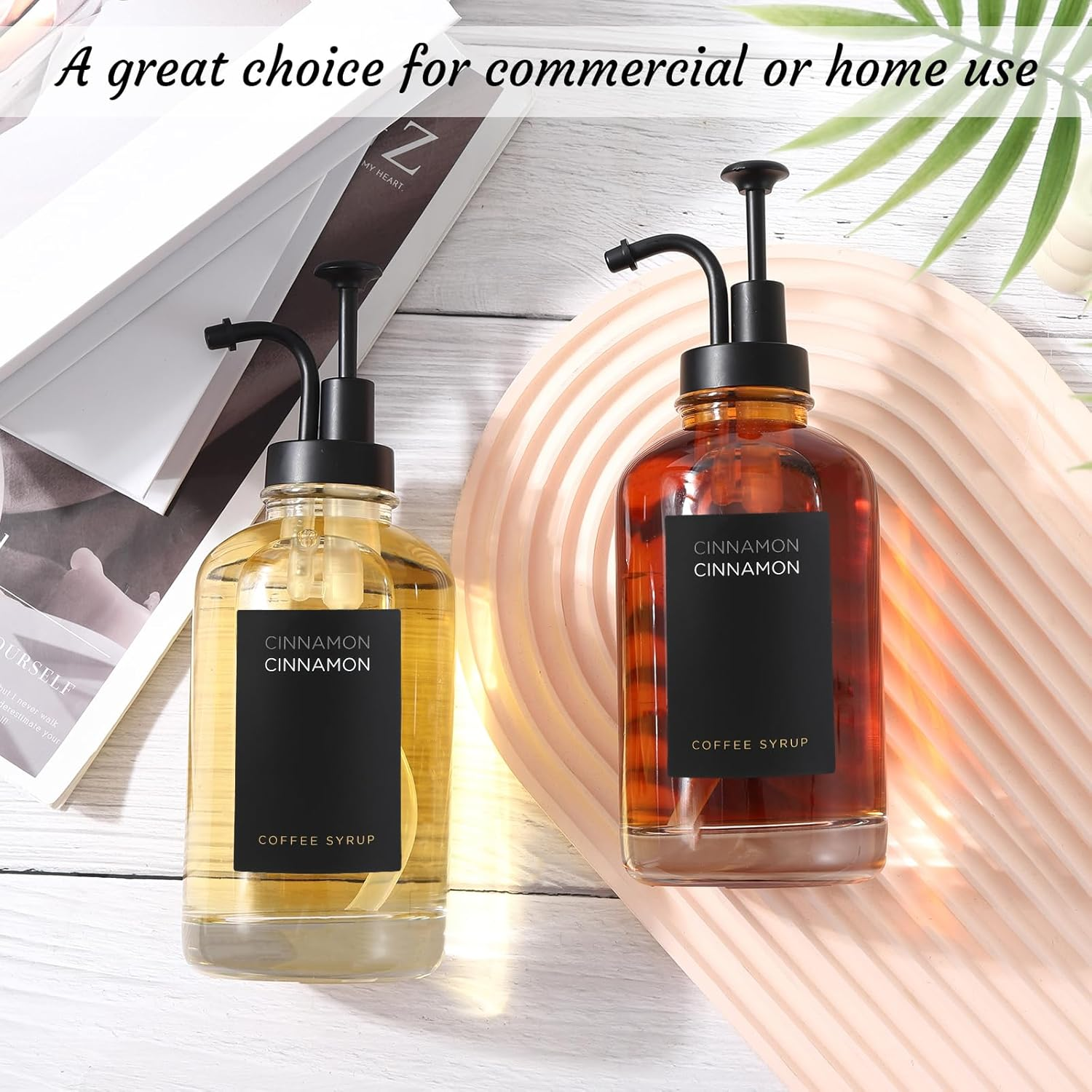 Joyfulmap 2 Coffee Syrup Dispenser with 18 Labels, Black Pump Dispenser with Bottles for Coffee Bar, Minimalist Glass Coffee Bottle, Simple Maple/Coffee Syrup Bottles W. Black Labels,16.9 Oz 500 Ml image number 1