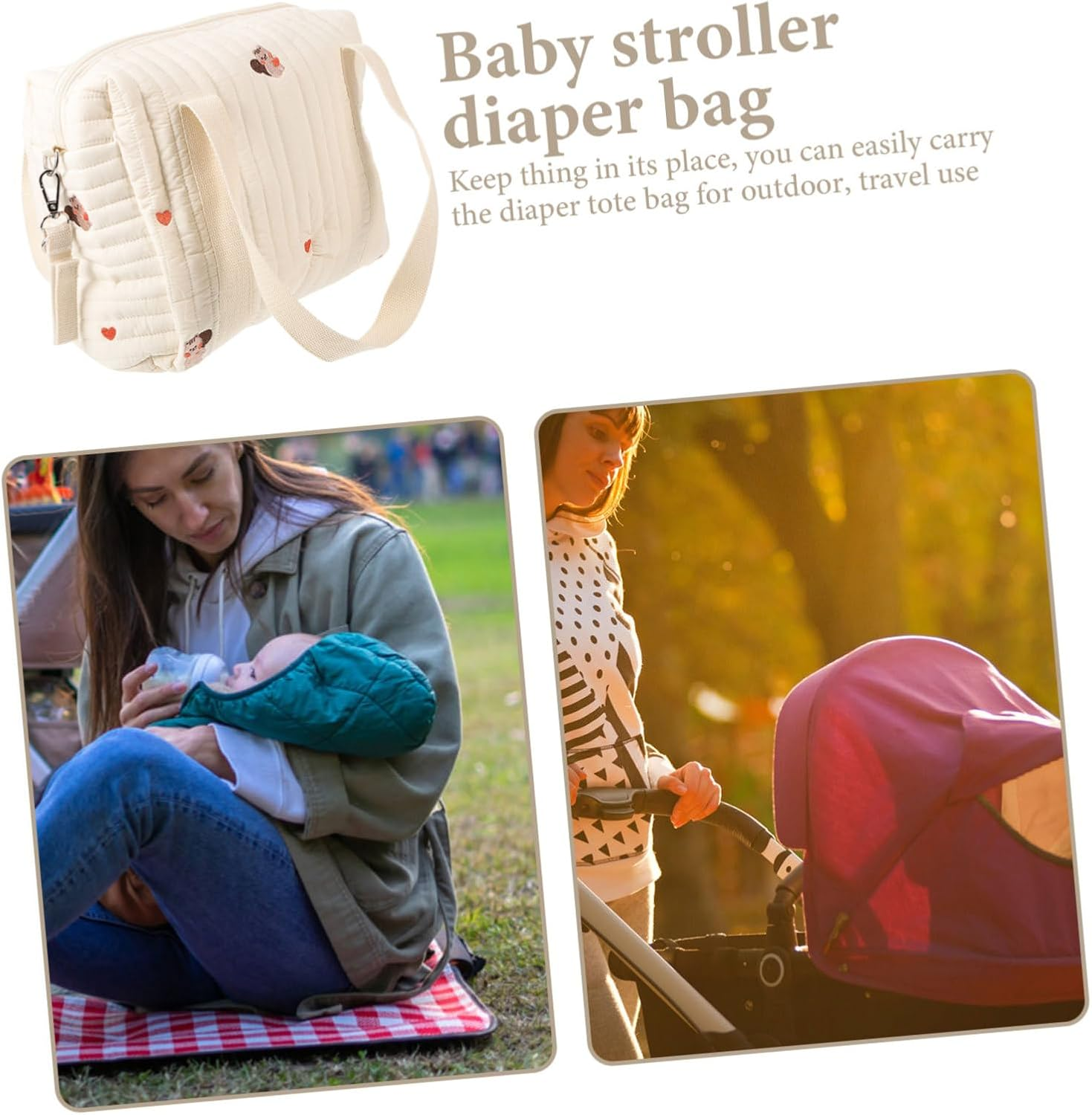 SECFOU Embroidered Cotton Diaper Bag Stroller Straps Medium Squirrel Design Compact Travel Tote for Moms Versatile Baby Storage Dual Handles image number 2