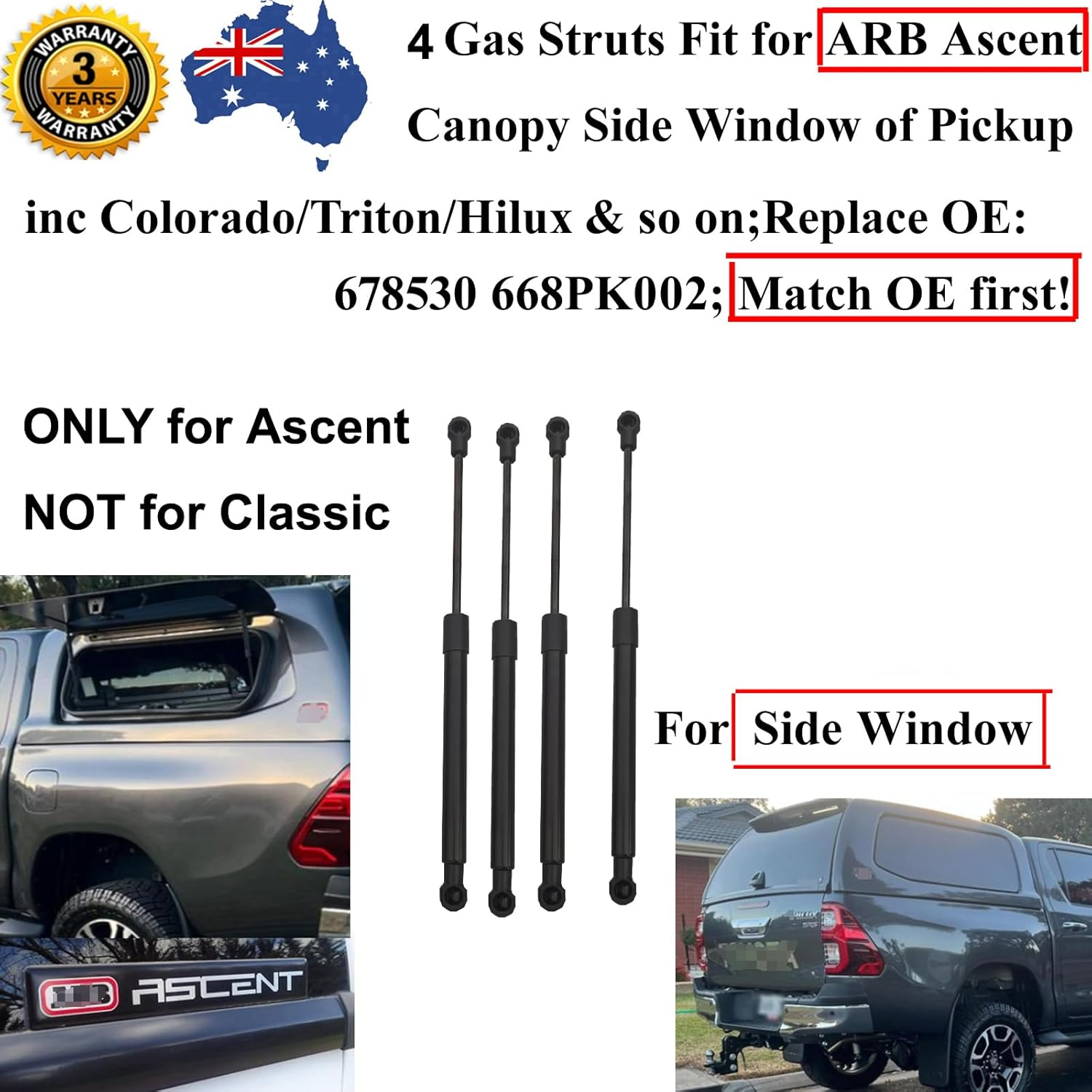 AONNOUS 4 Gas Struts Fit for ARB Ascent Canopy Side Window; Matches OE 678530 668PK002 279910 838220; for Pickup UTE INC Hilux Colorado Triton image number 3