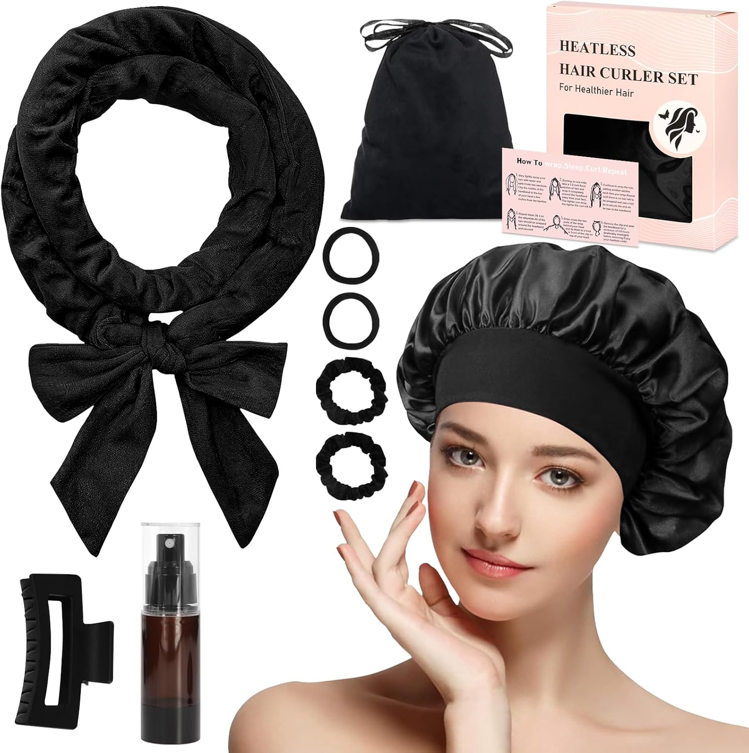 PQETBV Curlers Curls without Heat, Velvet Heatless Overnight Curls Curlers Overnight, 9 Pieces DIY Hair Curler Rollers Curling Tape for Medium Long Hair (Black) image number 1