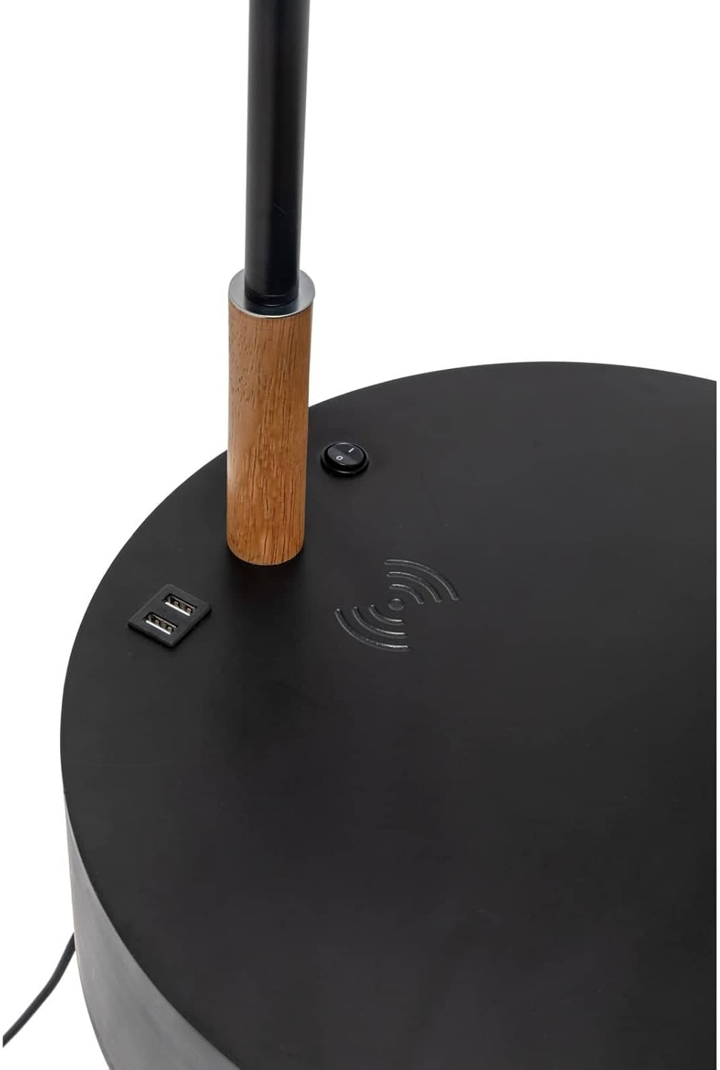 New Oriental Rubberwood Floor Lamp with Shade and Wireless Charger Shelf Storage Drawer, Natural/Matte Black image number 4